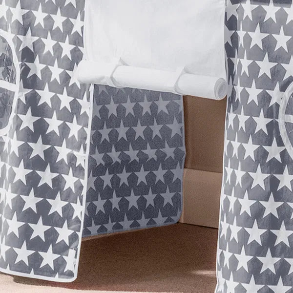 Gray and white star-patterned curtains with a white curtain rod.