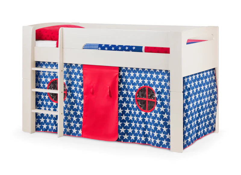 Children's bed with star-patterned side panels and red accents on a white background