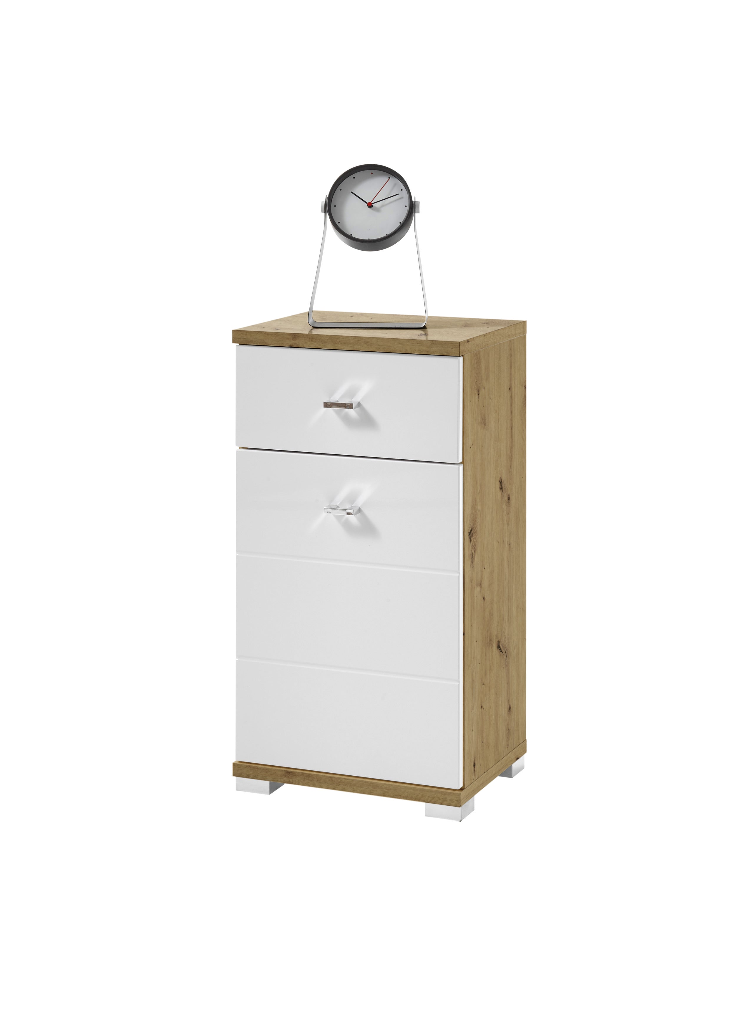 Wooden nightstand with two drawers and a clock on top against a white background