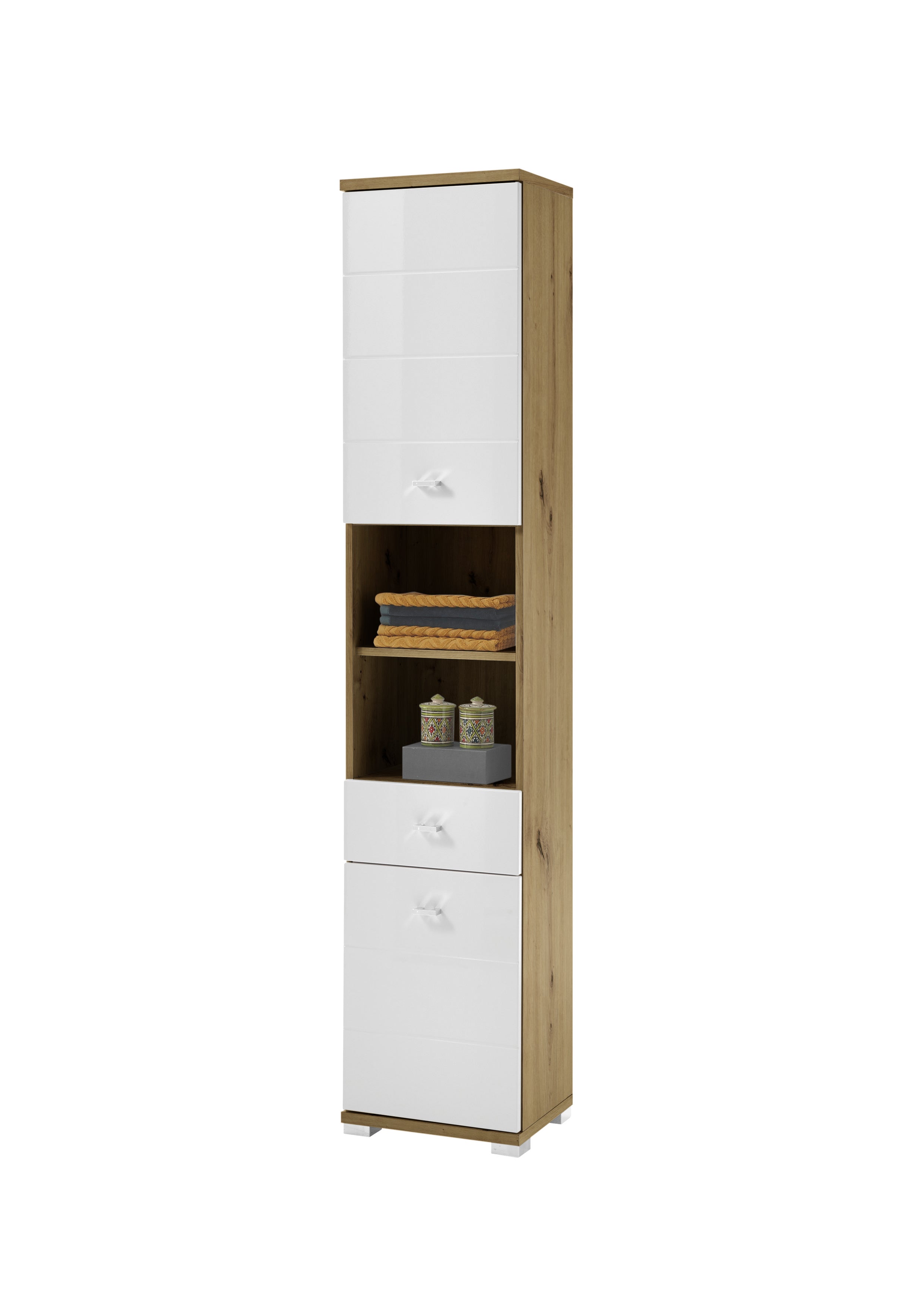 Tall white and wood cabinet with shelves on a white background