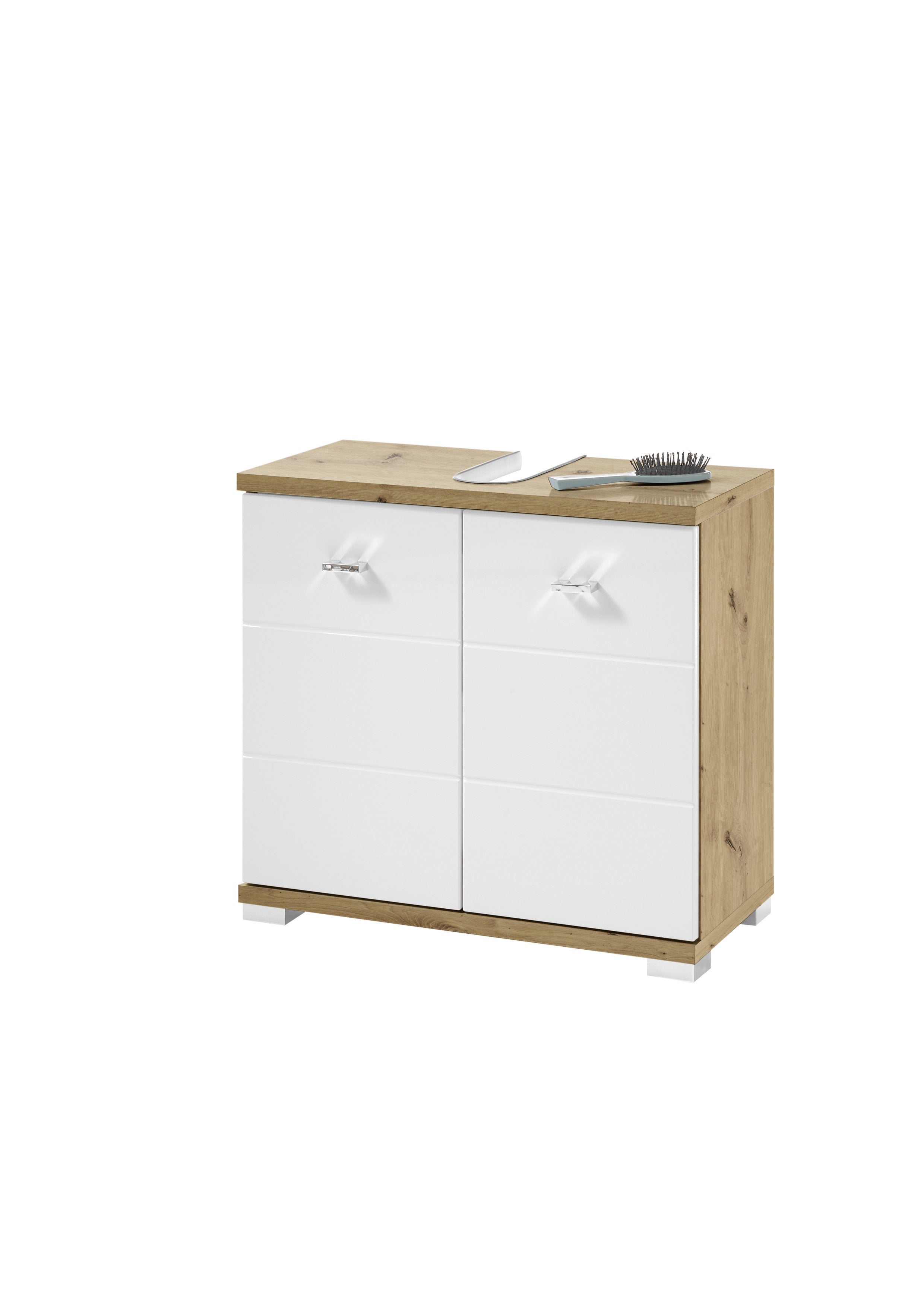 Wooden cabinet with white doors on a white background