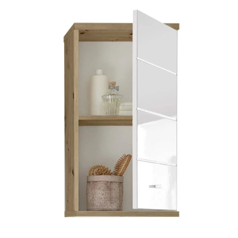 Wooden cabinet with open door revealing interior shelves and items.