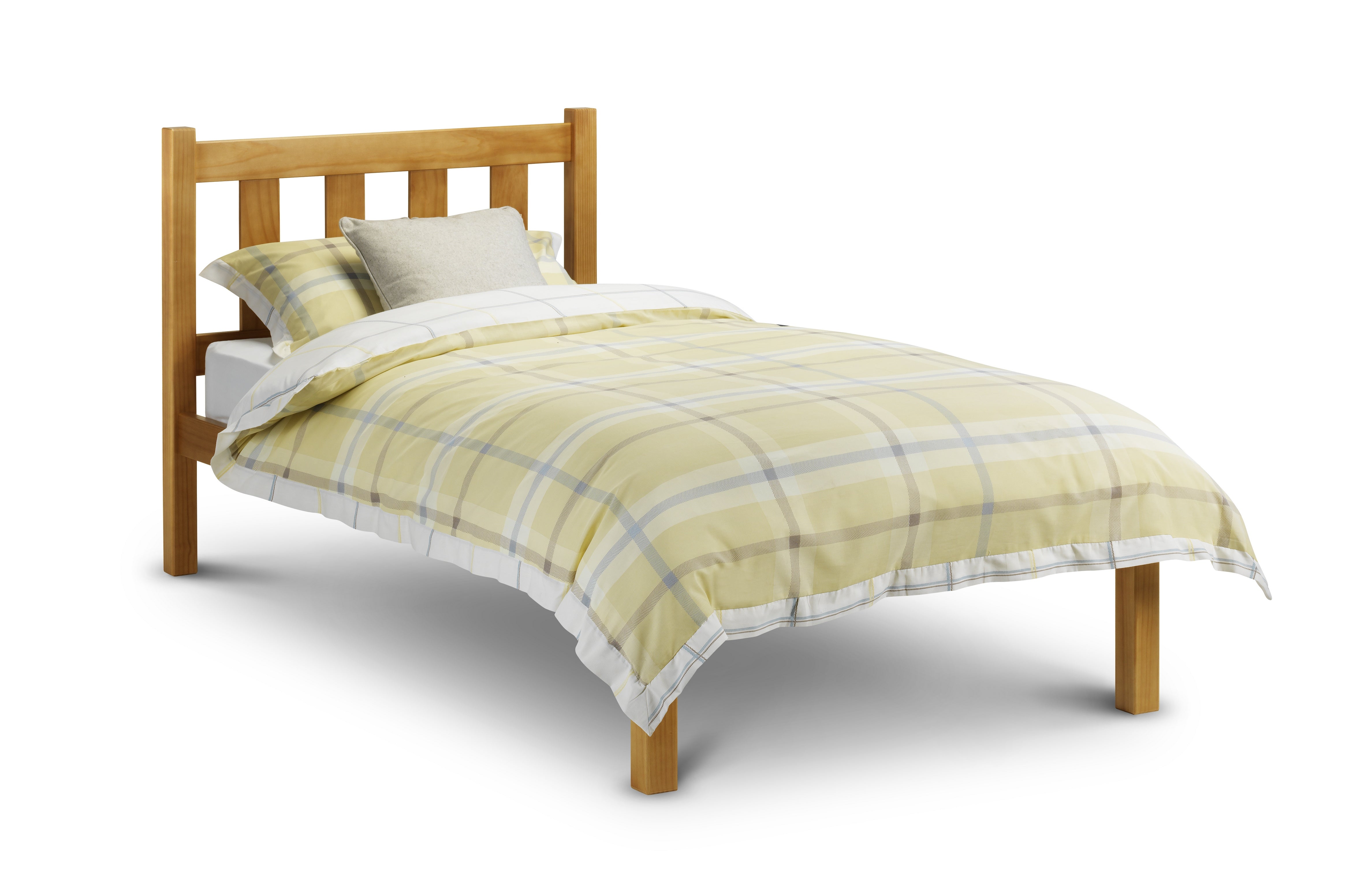Bed with yellow plaid bedding and wooden headboard on a white background