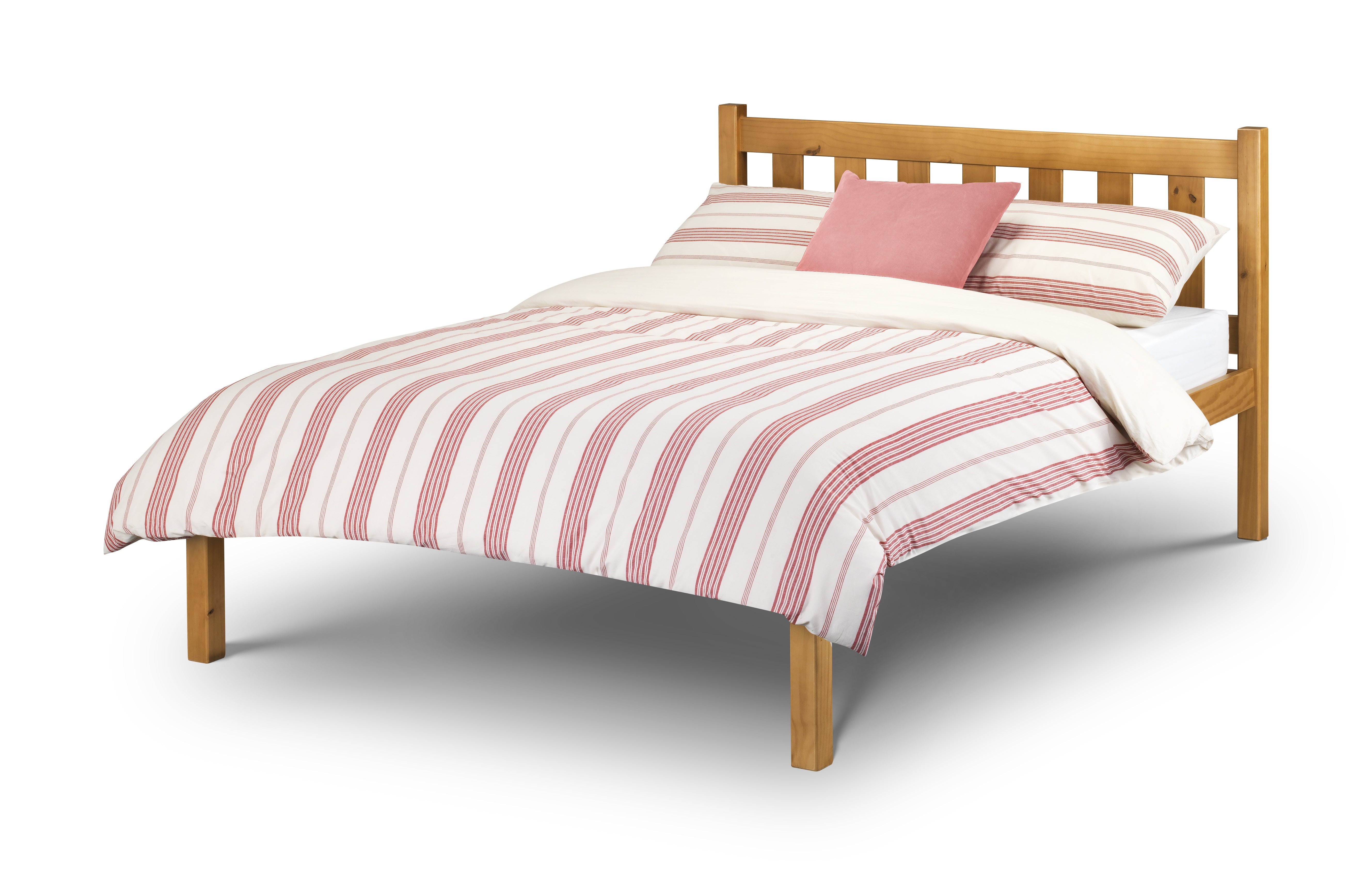 Wooden bed with red and white striped bedding on a white background