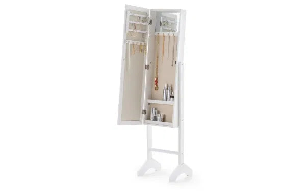 White standing mirror jewelry armoire with open door on a white background