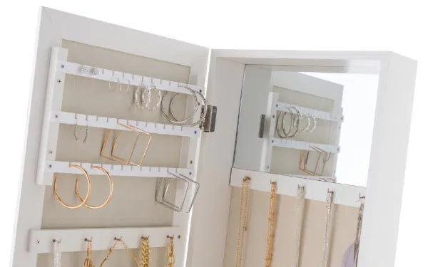 White jewelry organizer with mirror and jewelry display on a white background