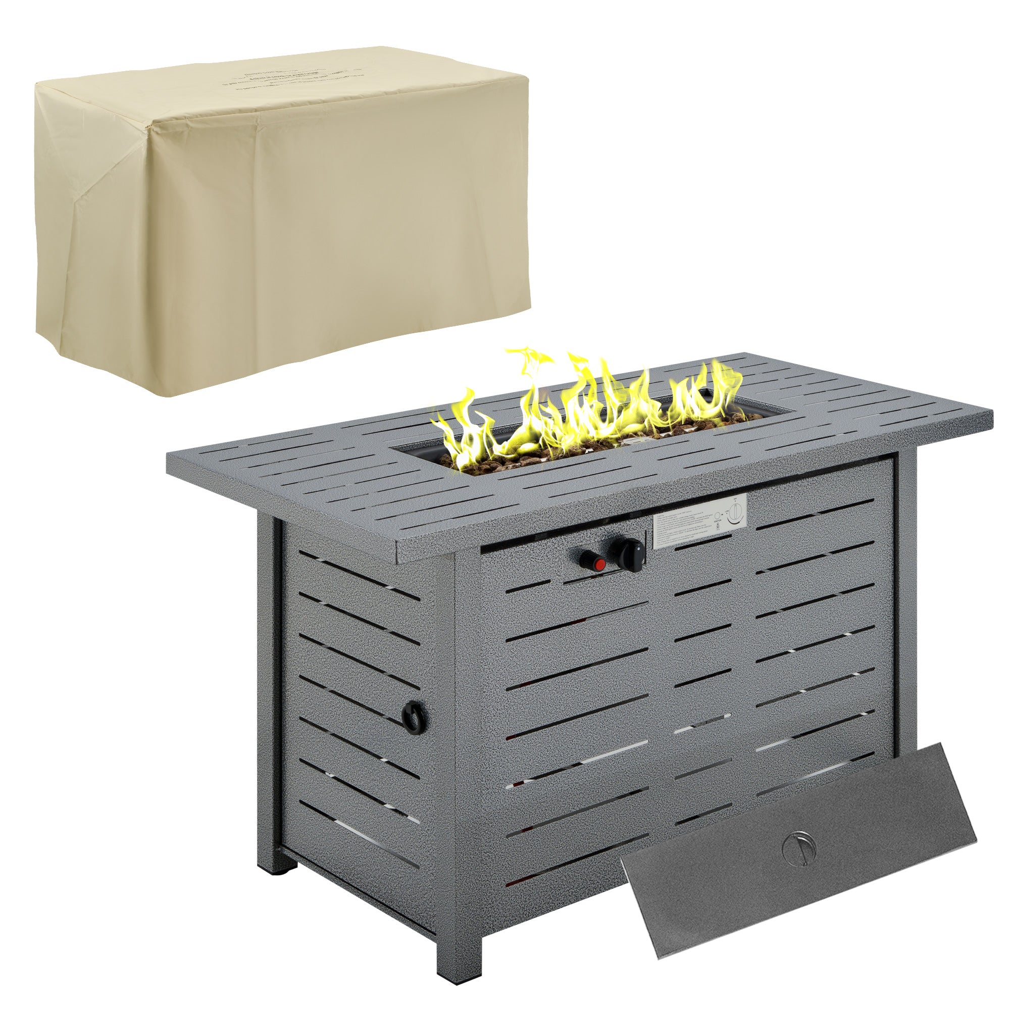 Gray outdoor fire pit table with flames and a beige cover on a white background