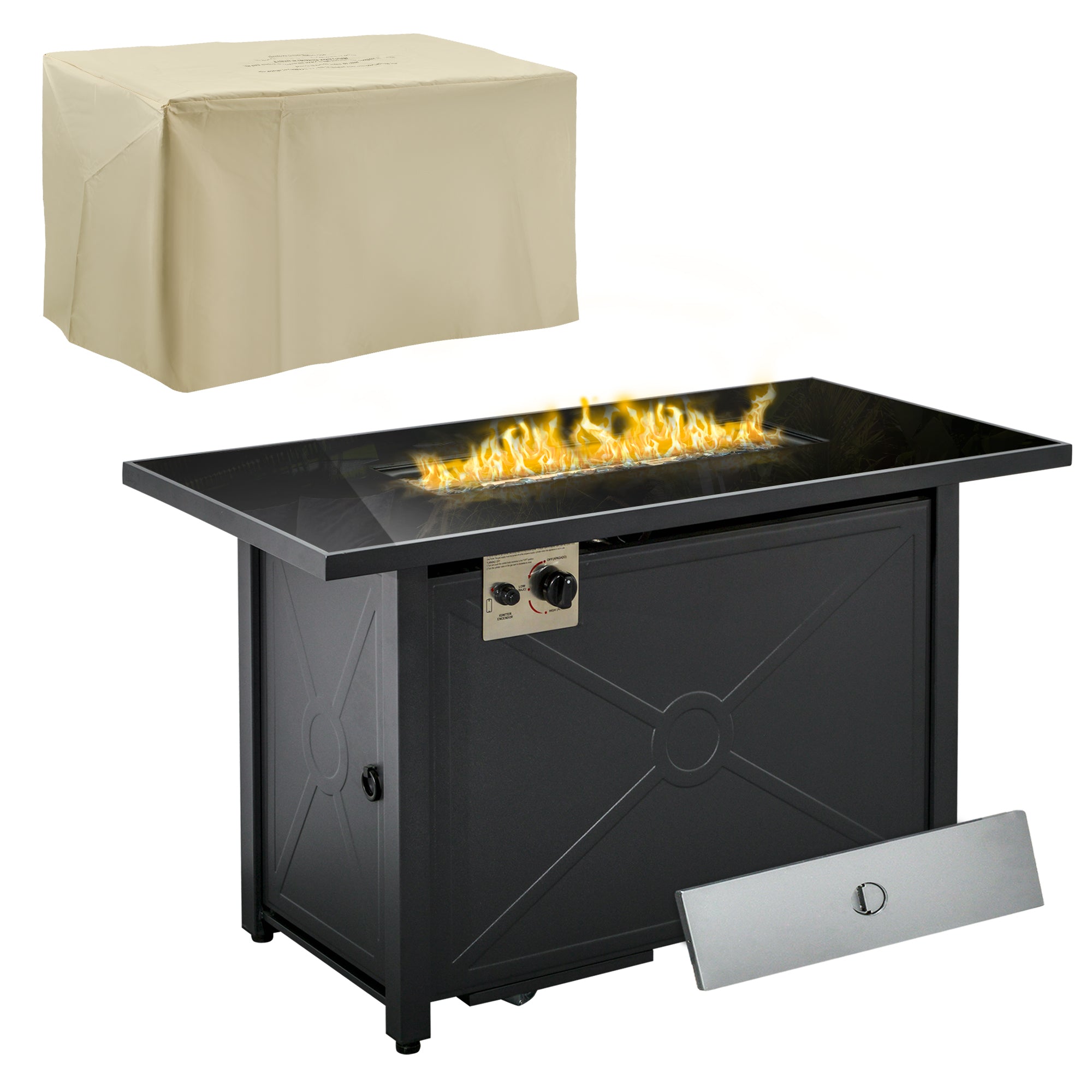 Black fire pit table with flame, beige cover, and side panel on a white background