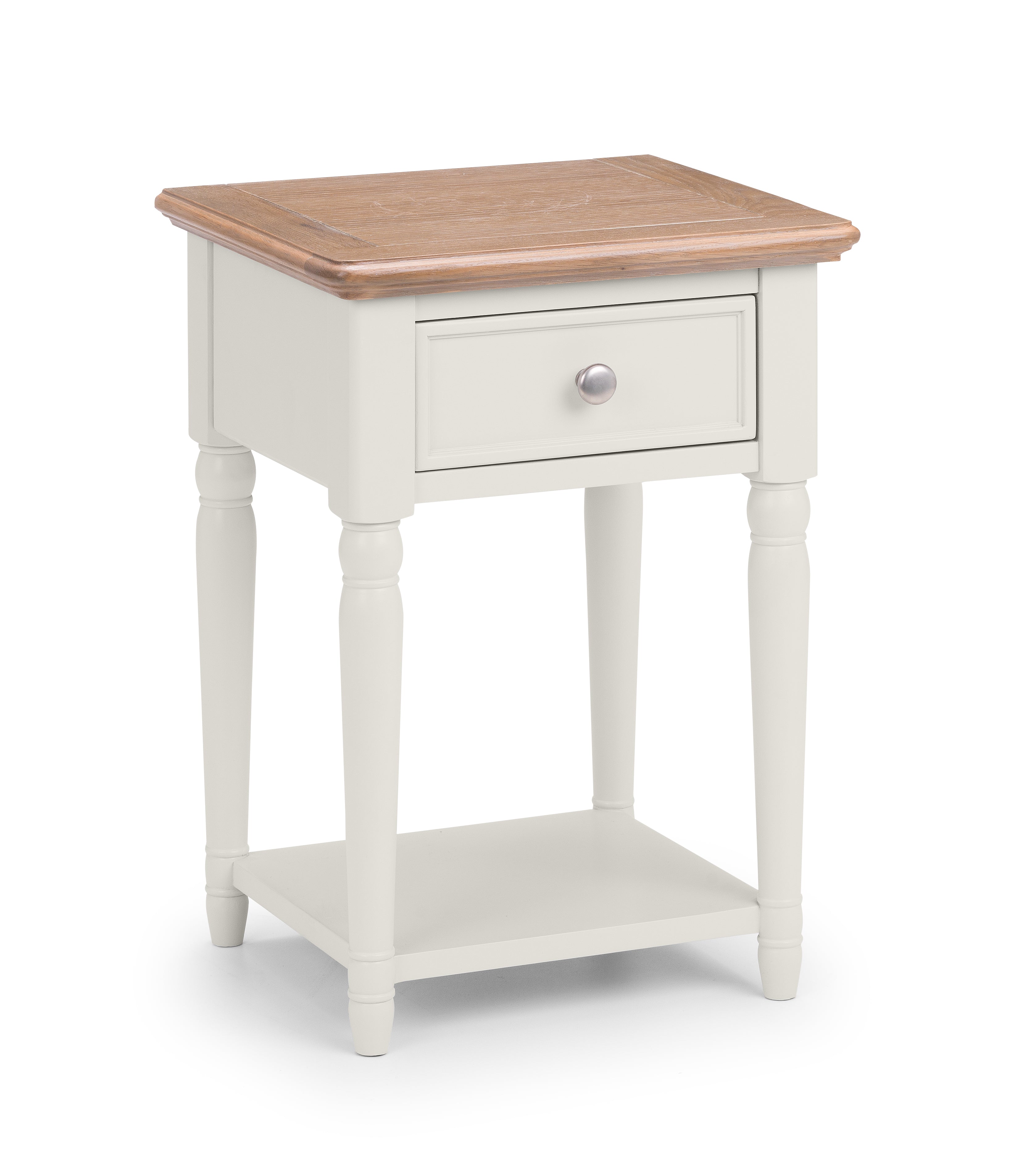 White side table with a wooden top on a white background