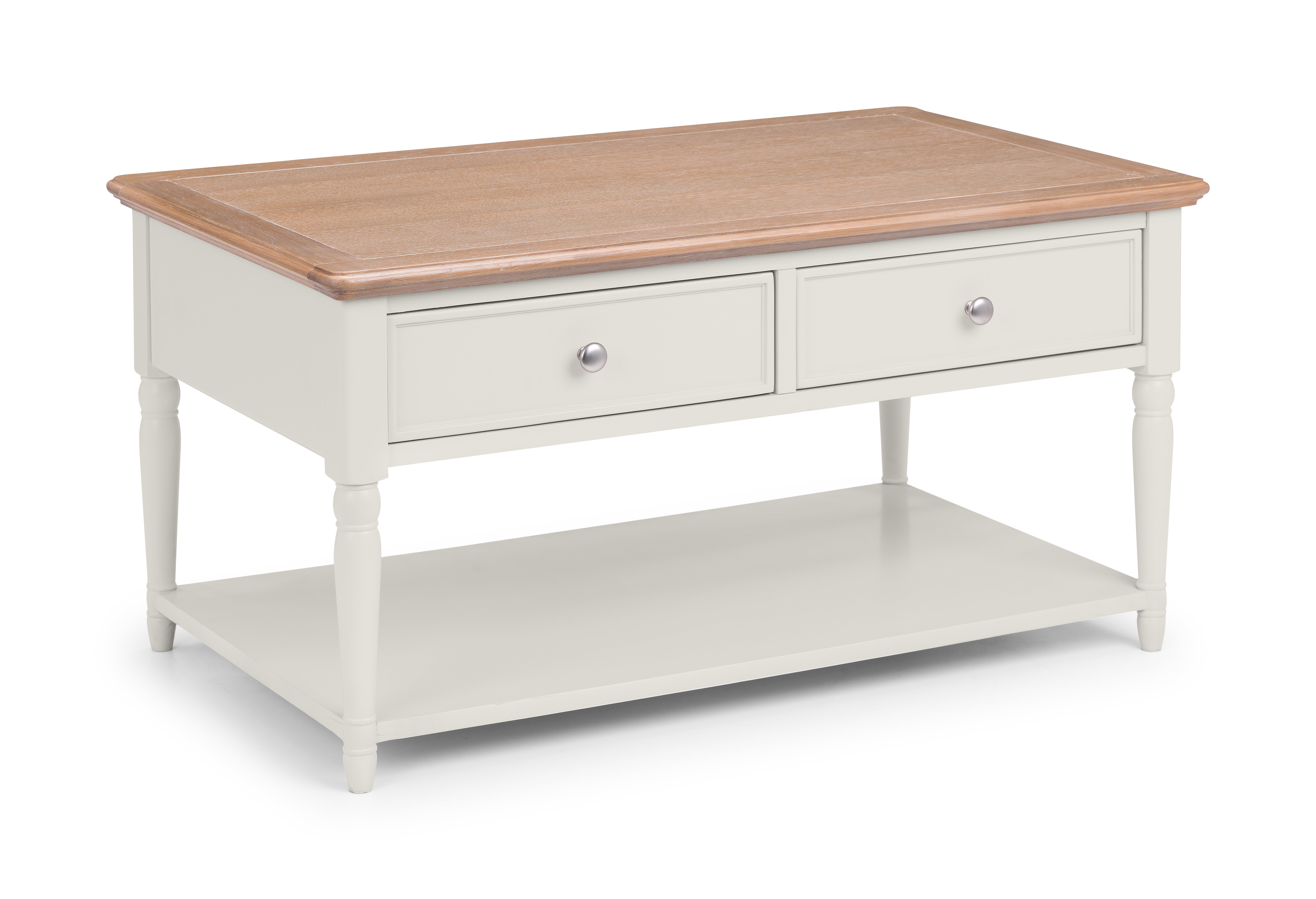 White coffee table with wooden top on a white background