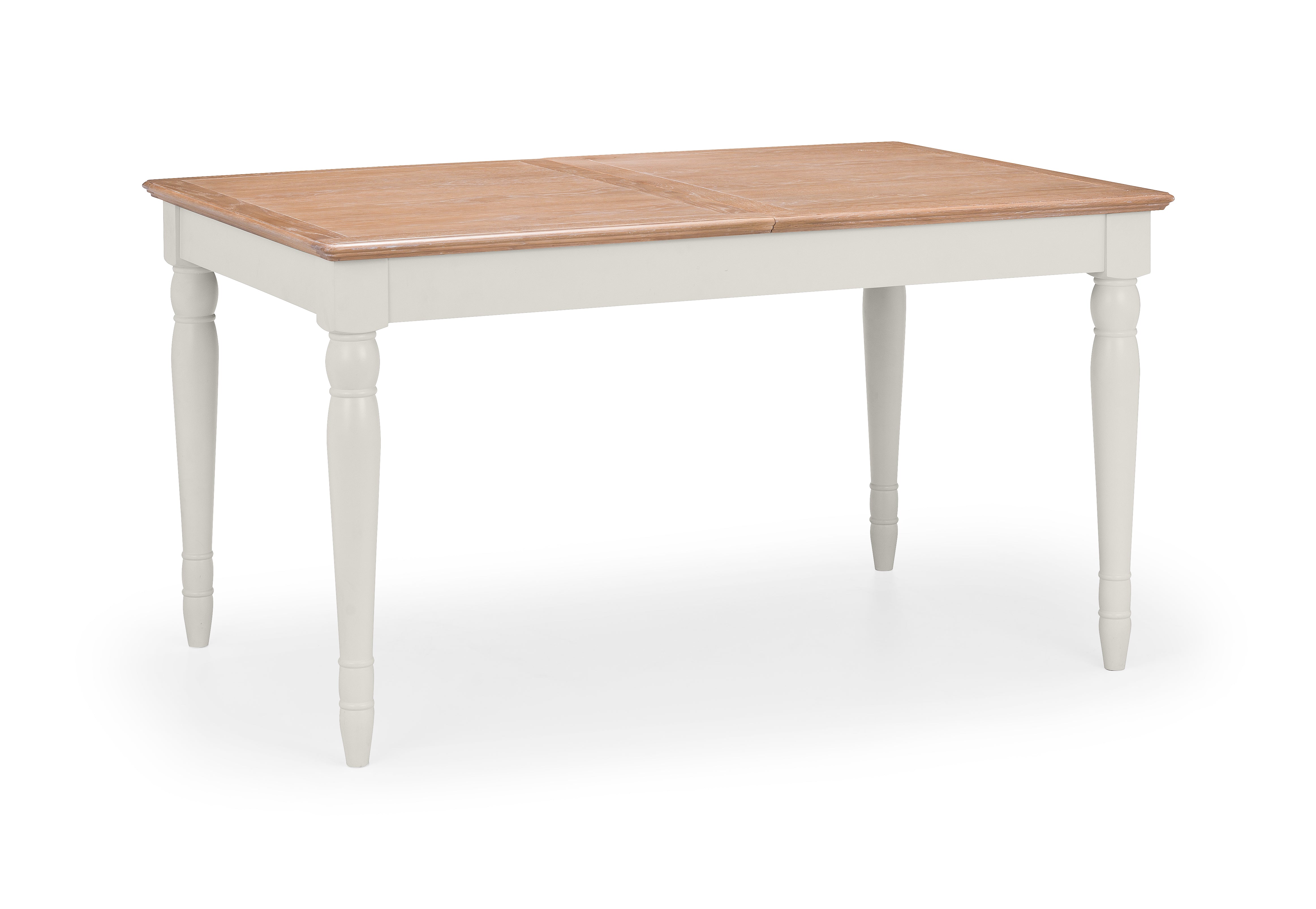 Dining table with wooden top and white base on a white background