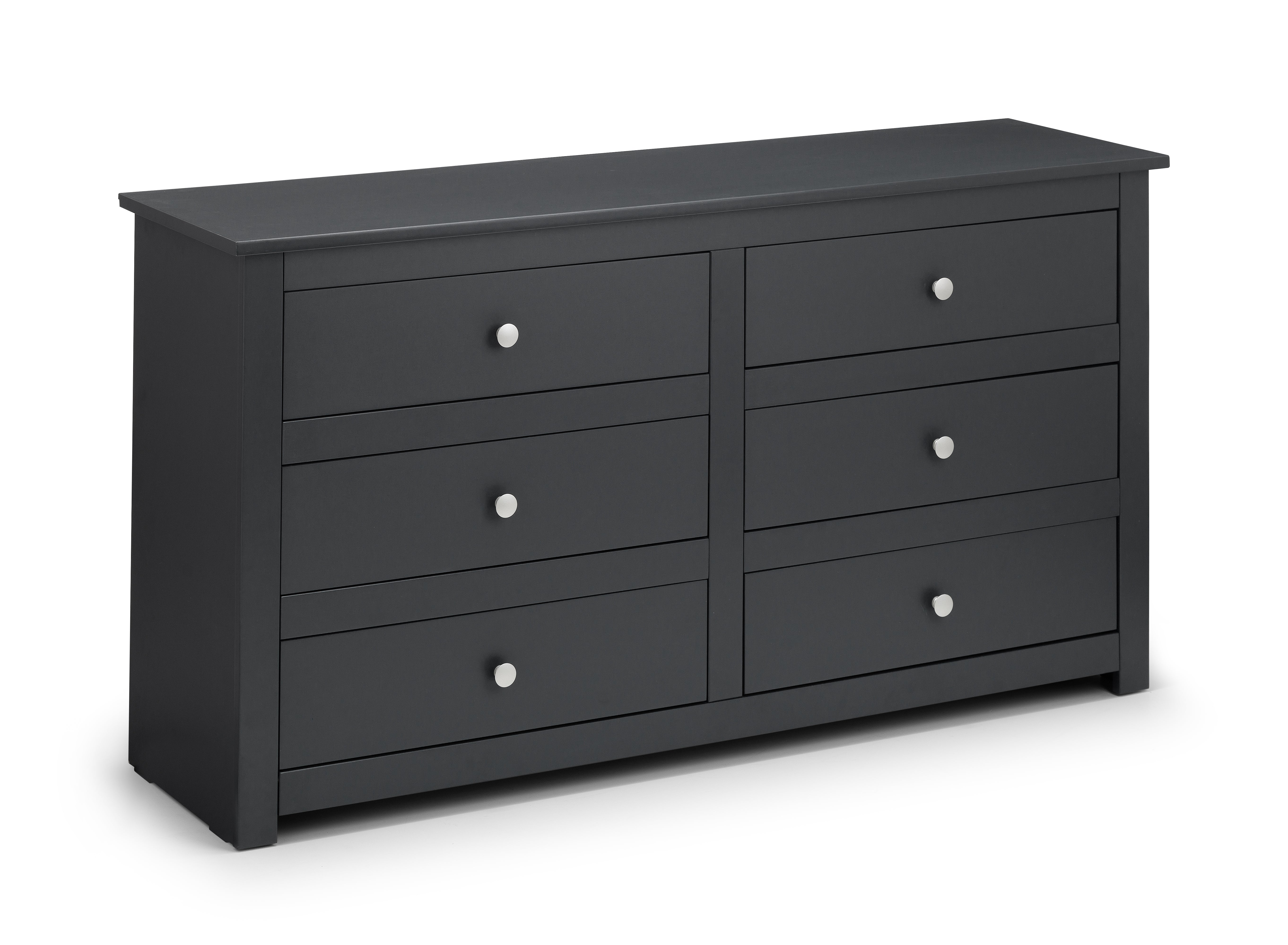 Dark grey dresser with six drawers on a white background