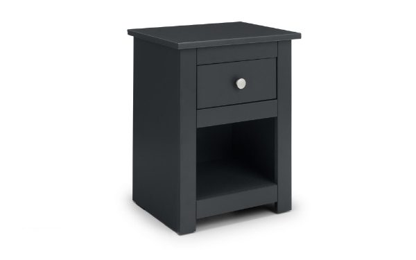 Black nightstand with a drawer on a white background