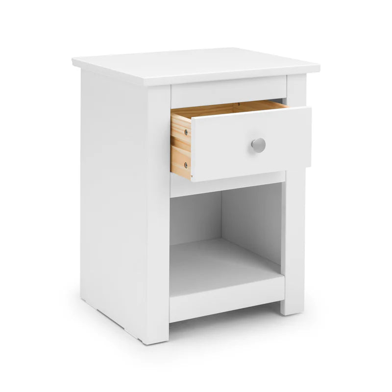 White nightstand with a wooden drawer on a white background