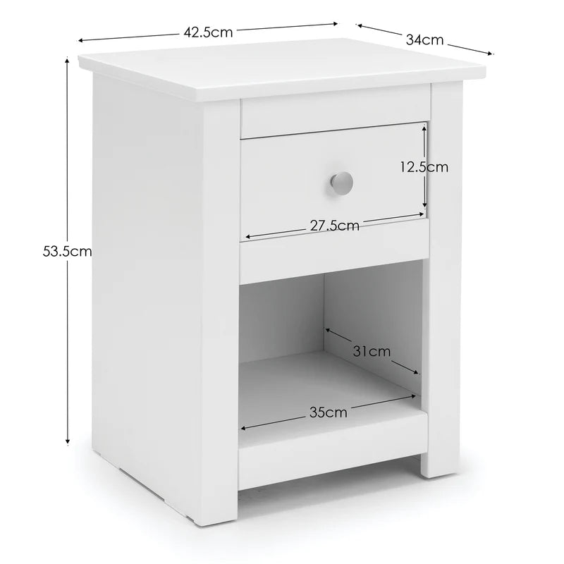 White nightstand with dimensions labeled on a white background