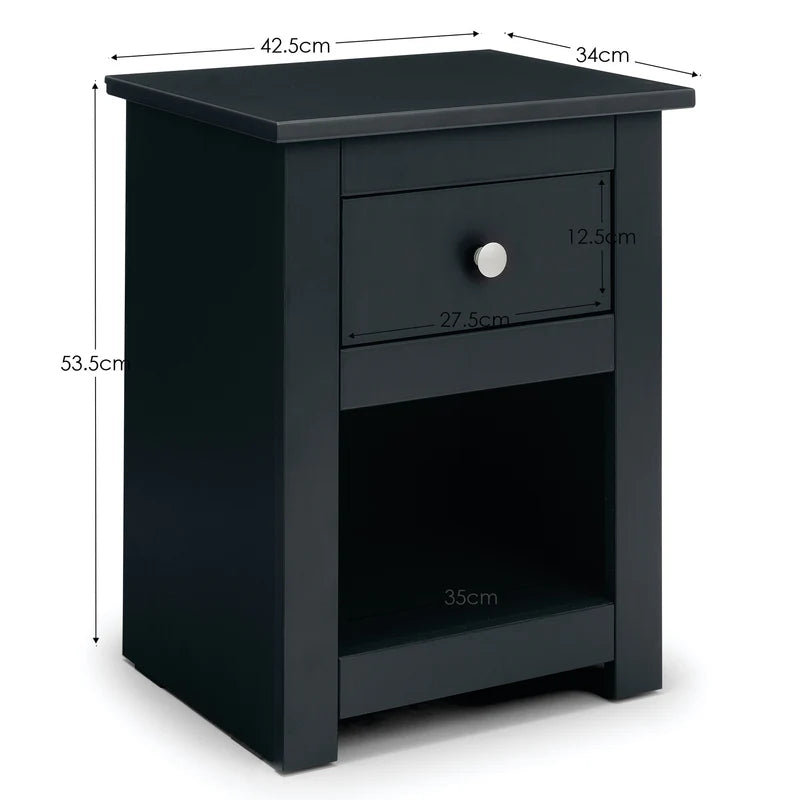 Black nightstand with dimensions labeled on a white background