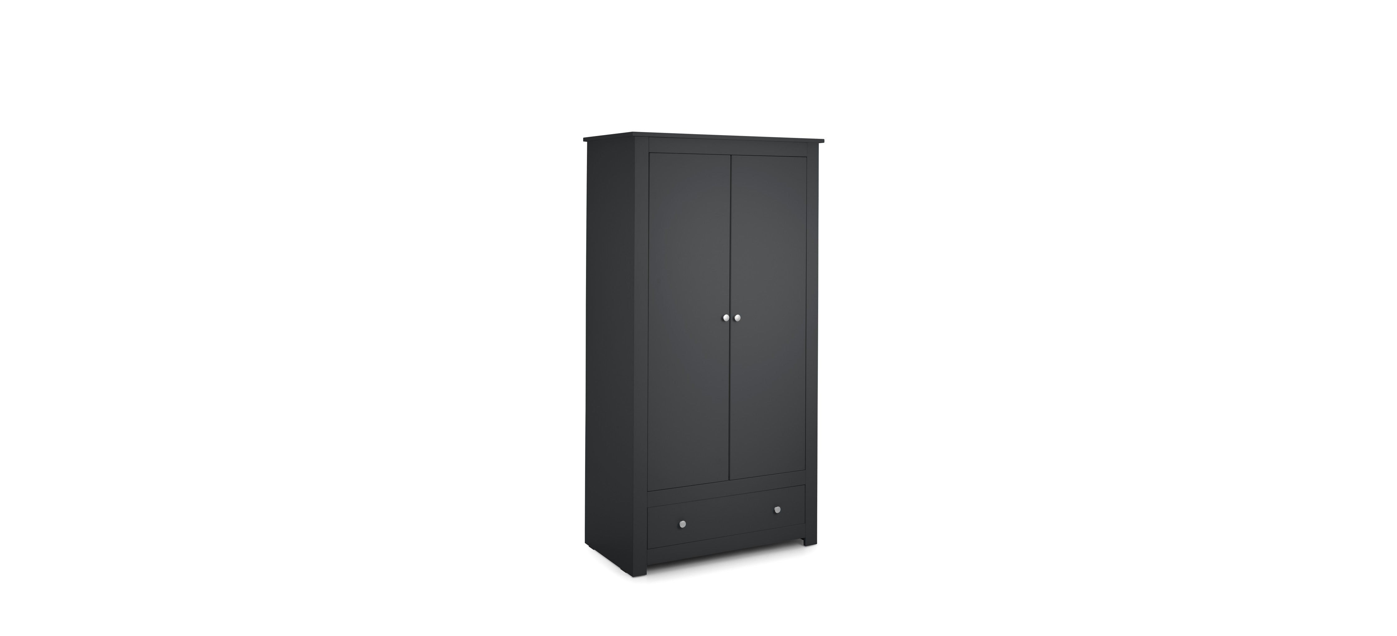 Grey wardrobe with two doors on a white background