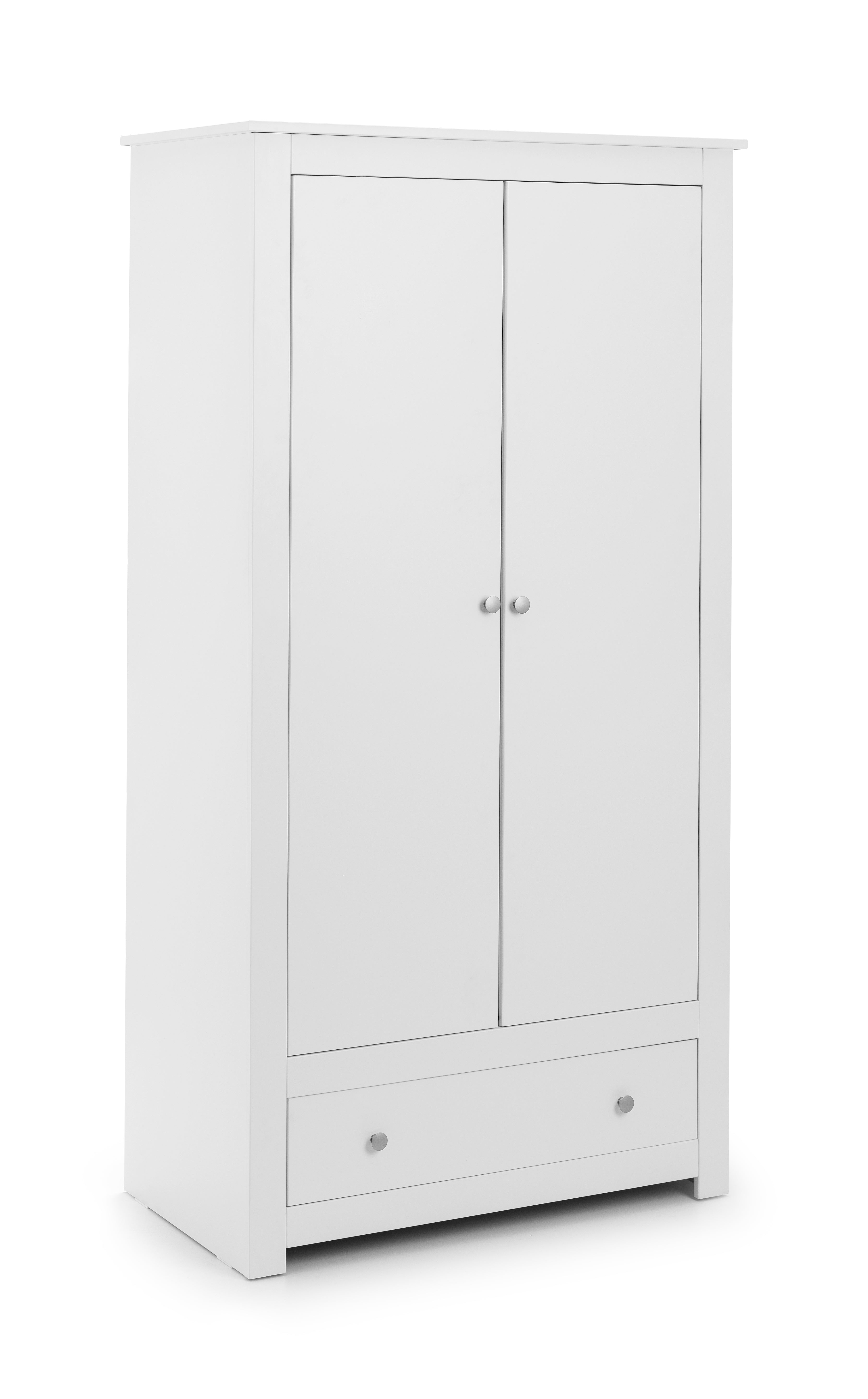 White wardrobe with two doors and a drawer on a white background