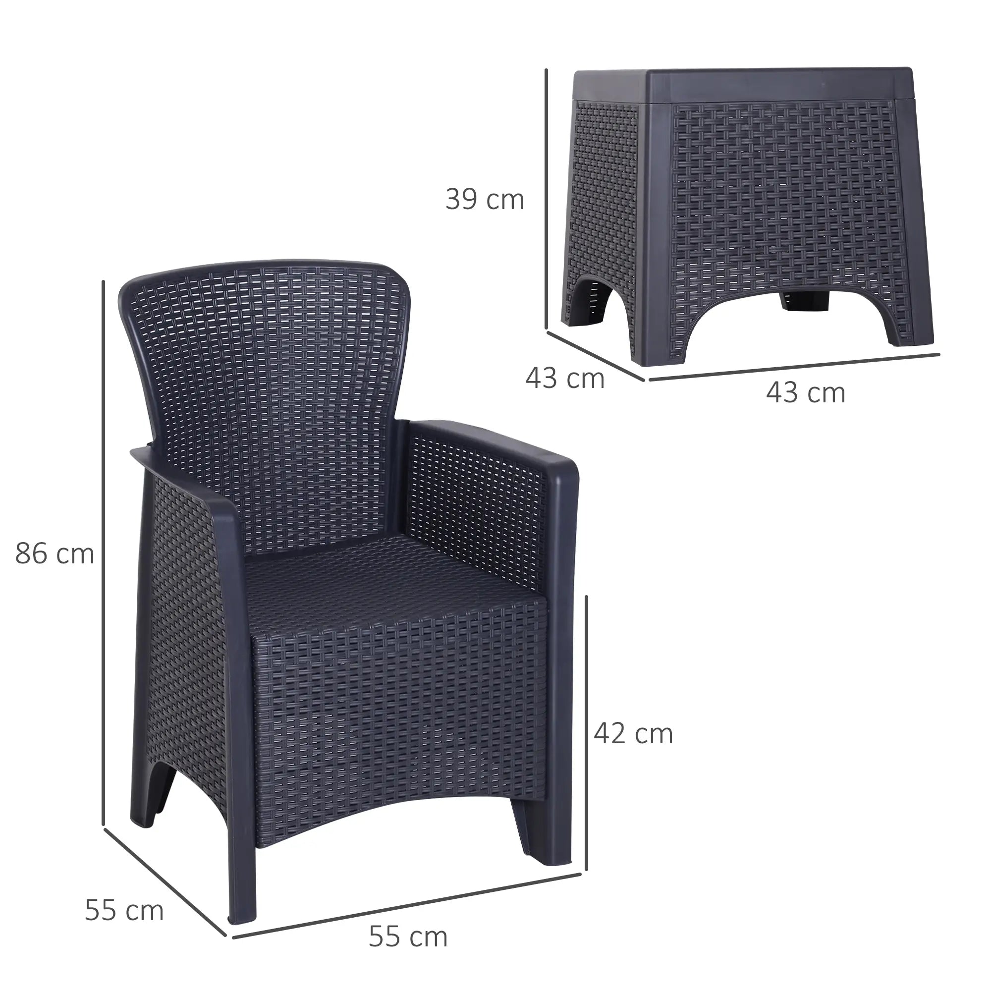 Dark blue wicker chair with dimensions on a white background