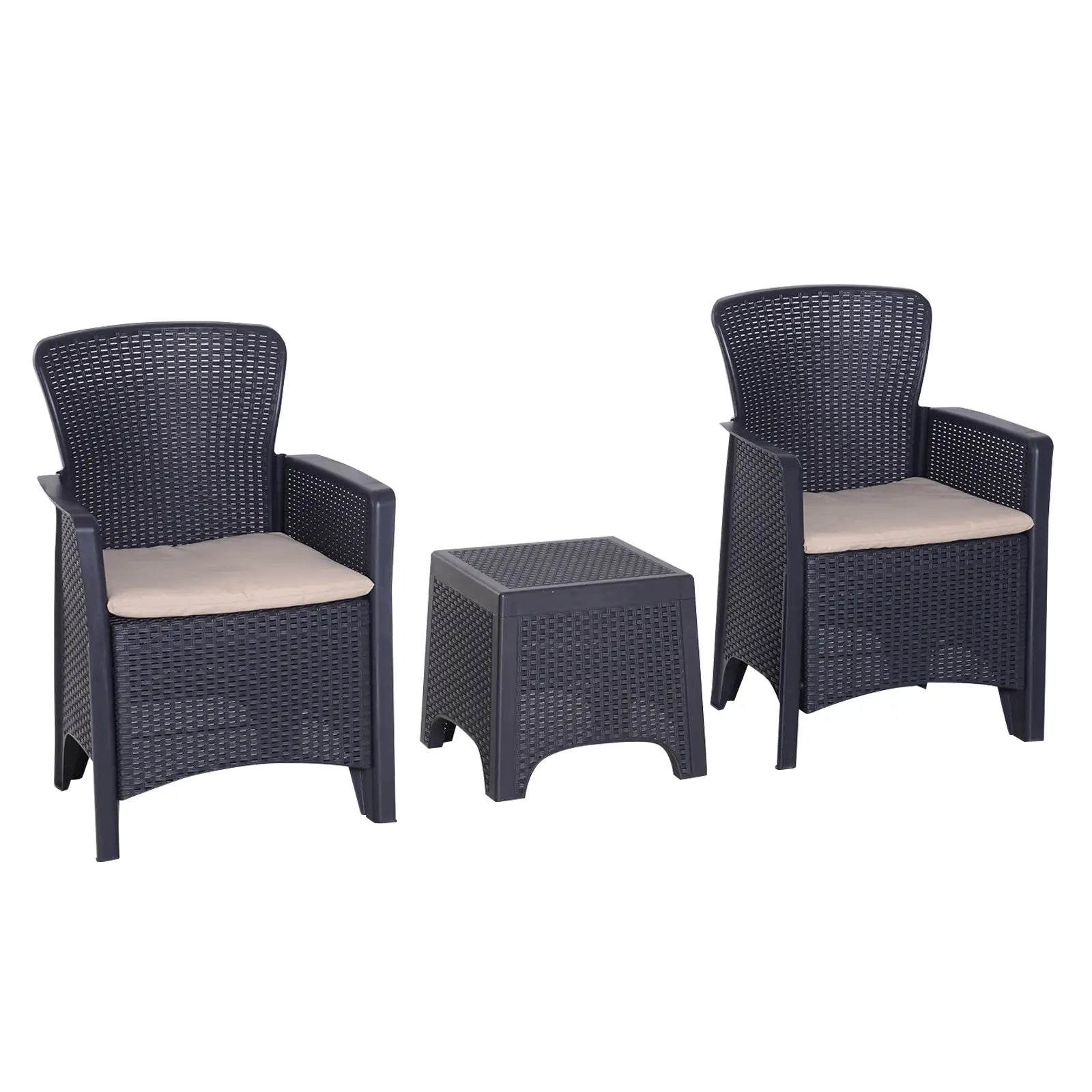 Two wicker chairs with beige cushions and a matching side table on a white background