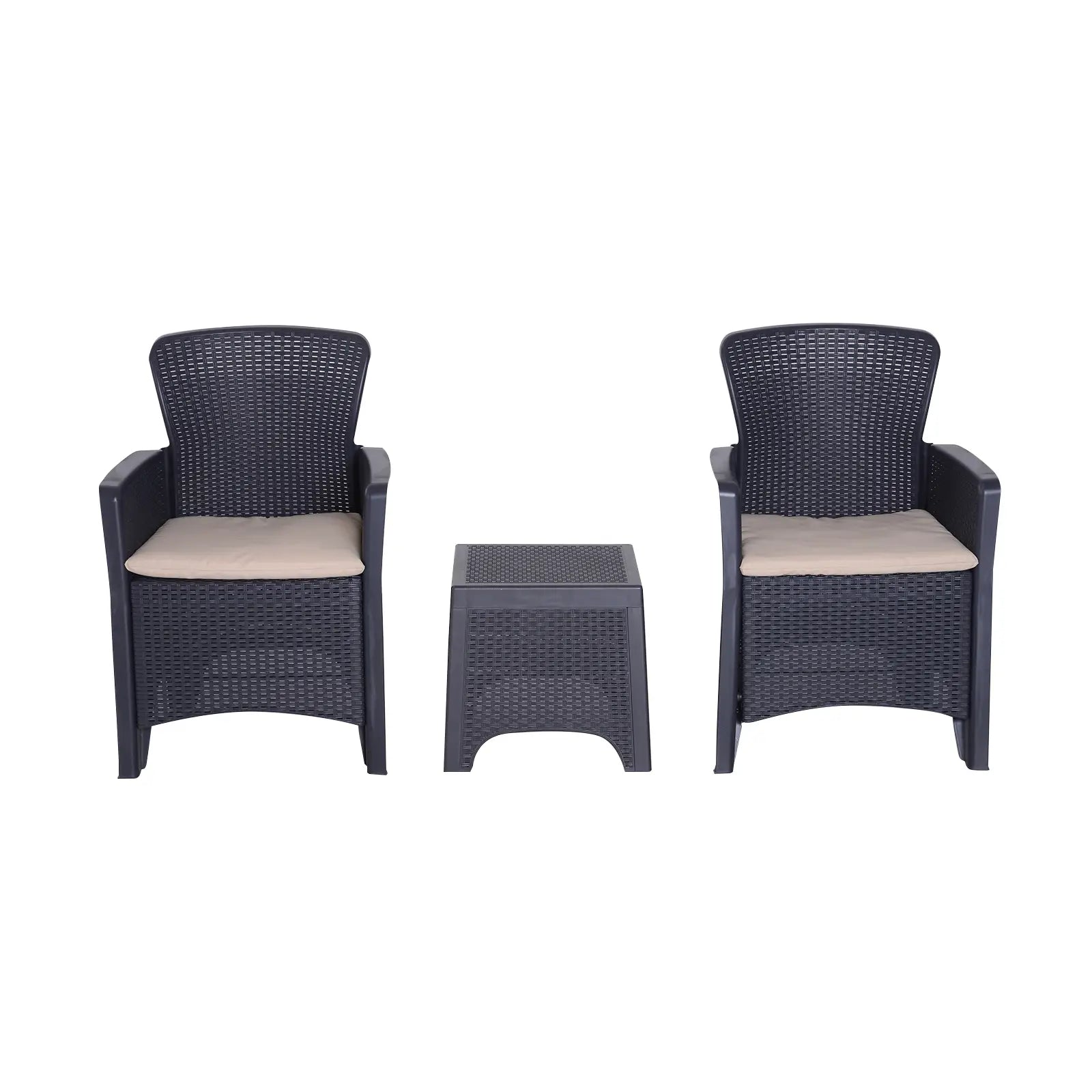 Two dark wicker chairs with beige cushions and a matching table on a white background