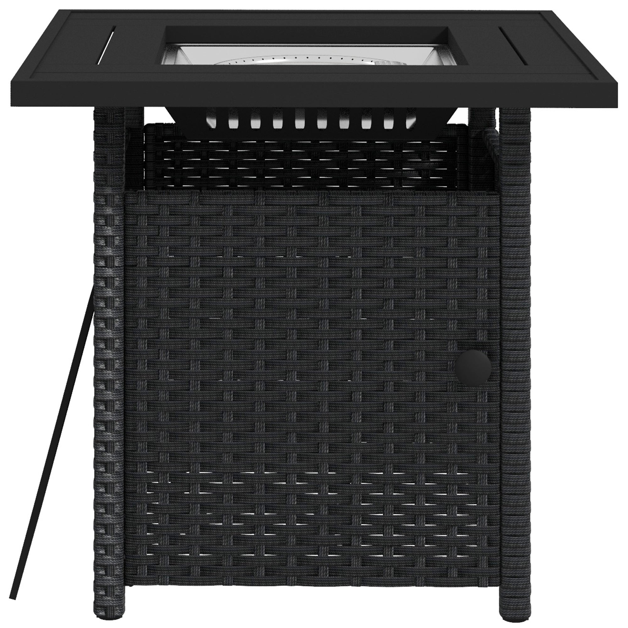 Black woven outdoor table fire pit with glass top on a white background