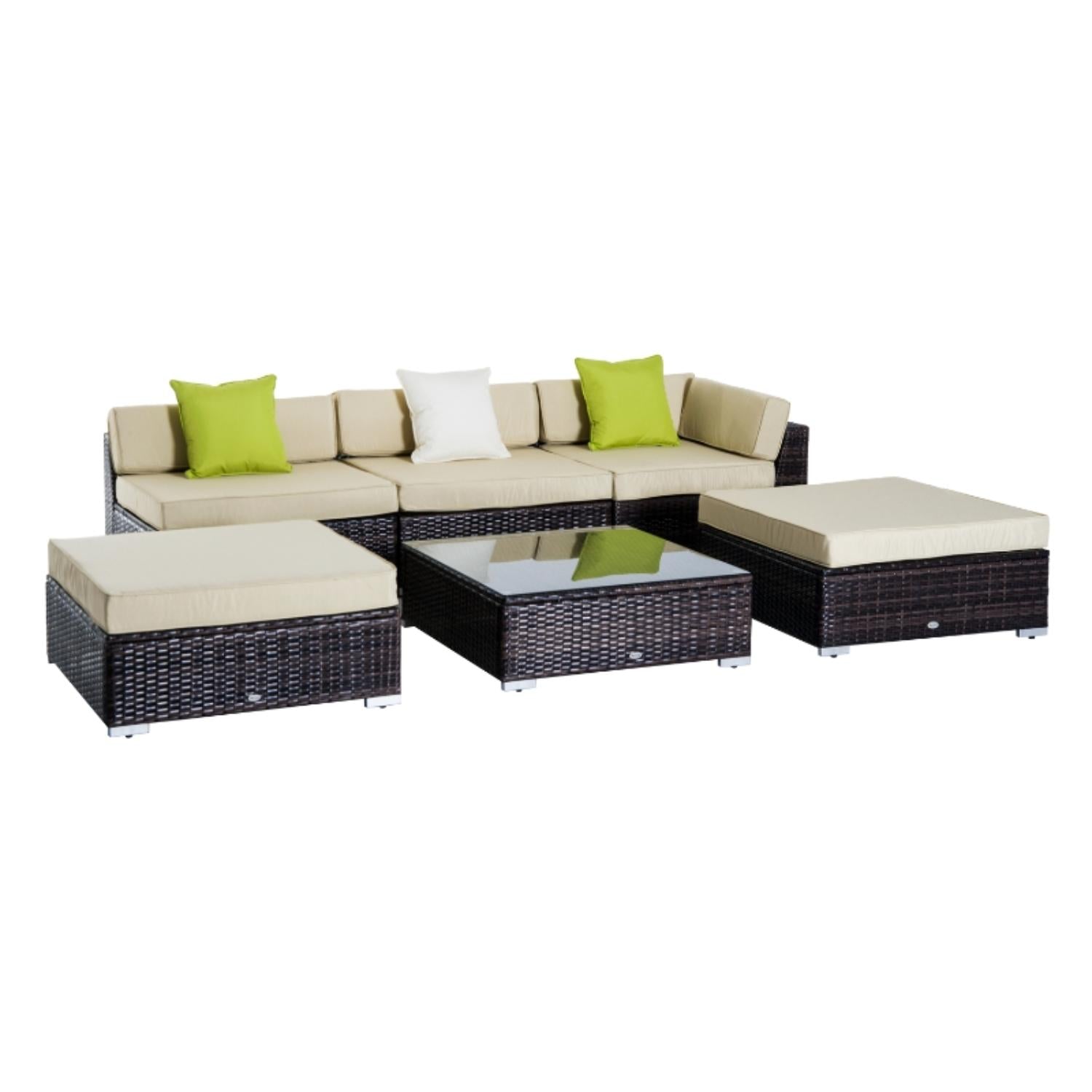 Outdoor patio furniture set with beige cushions and green pillows on a white background