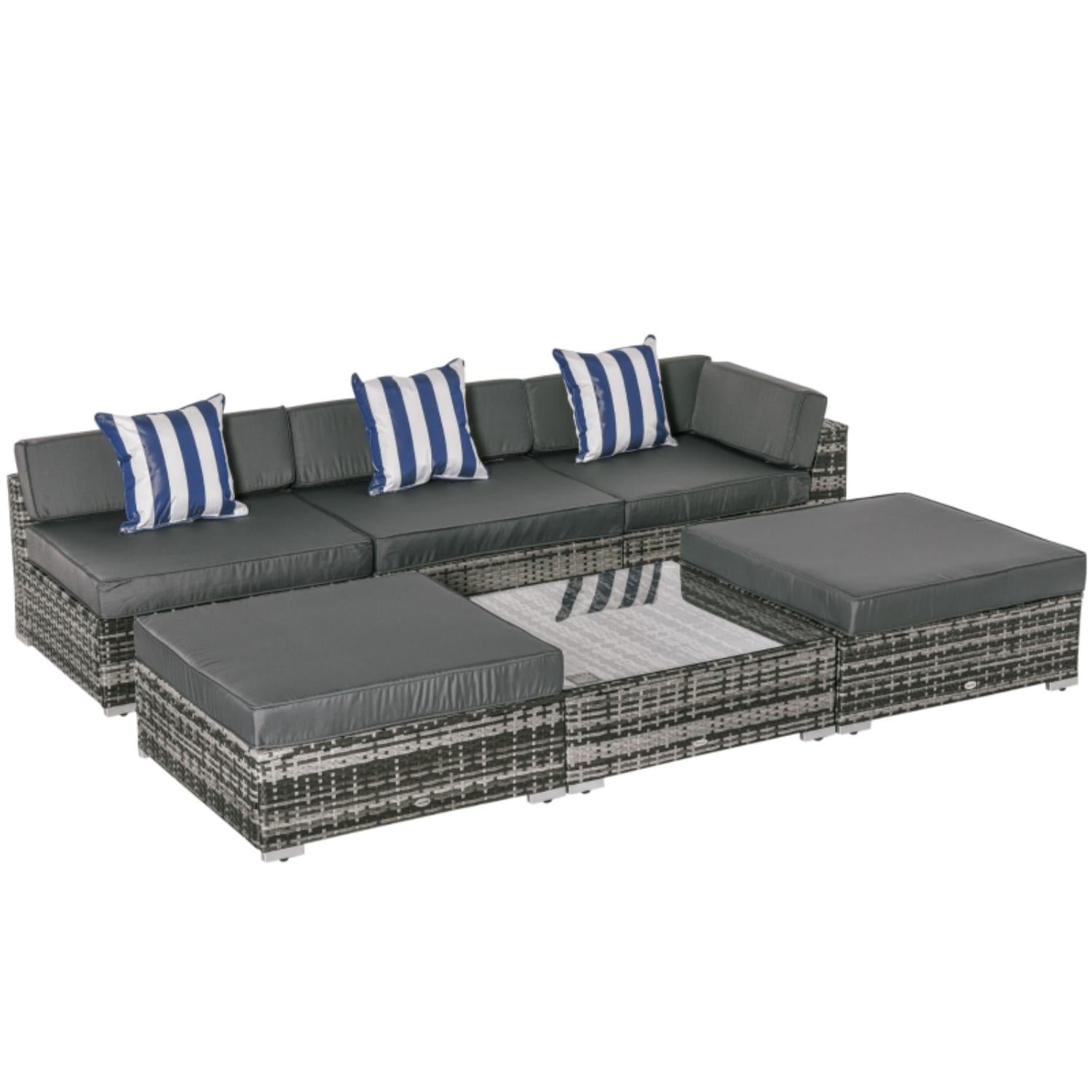 Outdoor patio furniture set with gray cushions and blue striped pillows on a white background