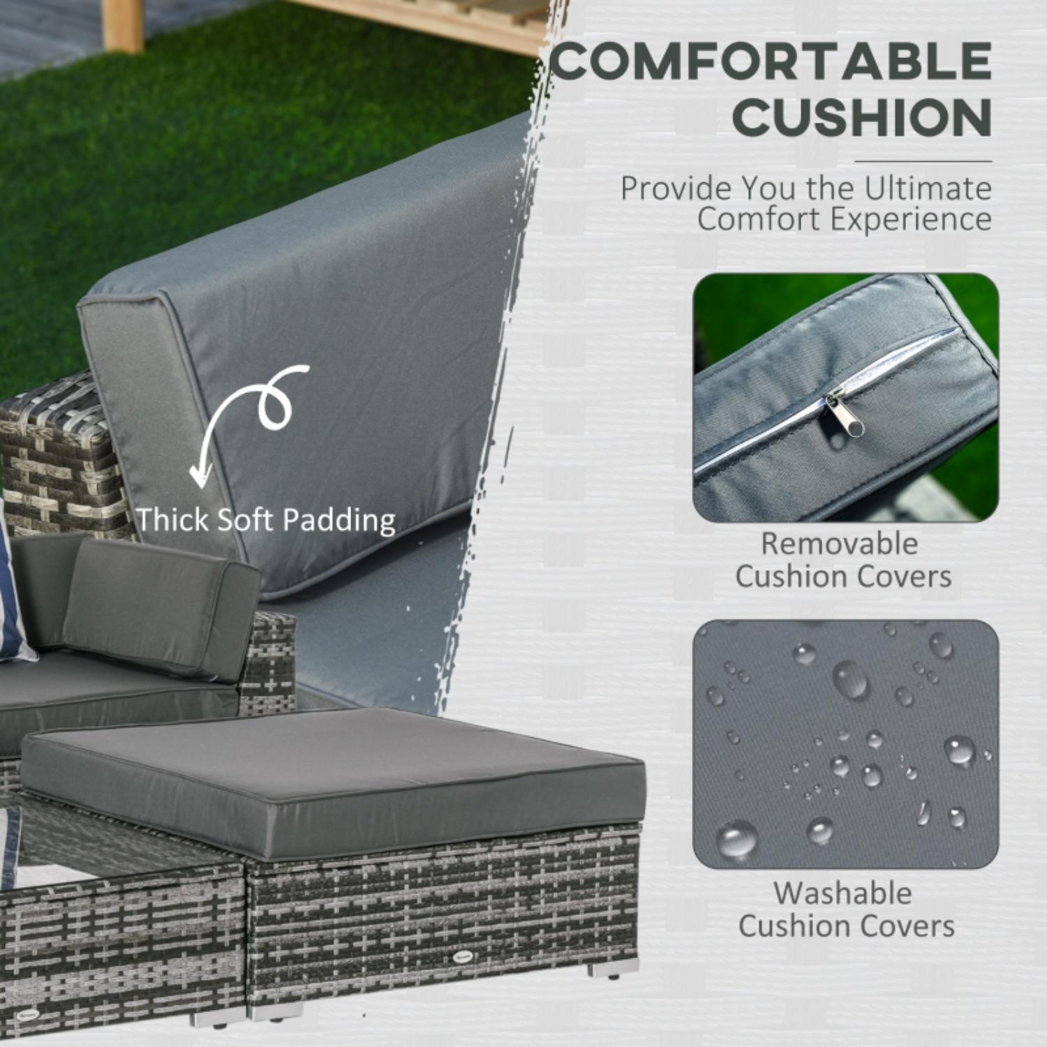 Gray cushioned outdoor furniture set with text highlighting features like thick soft padding, removable and washable covers.