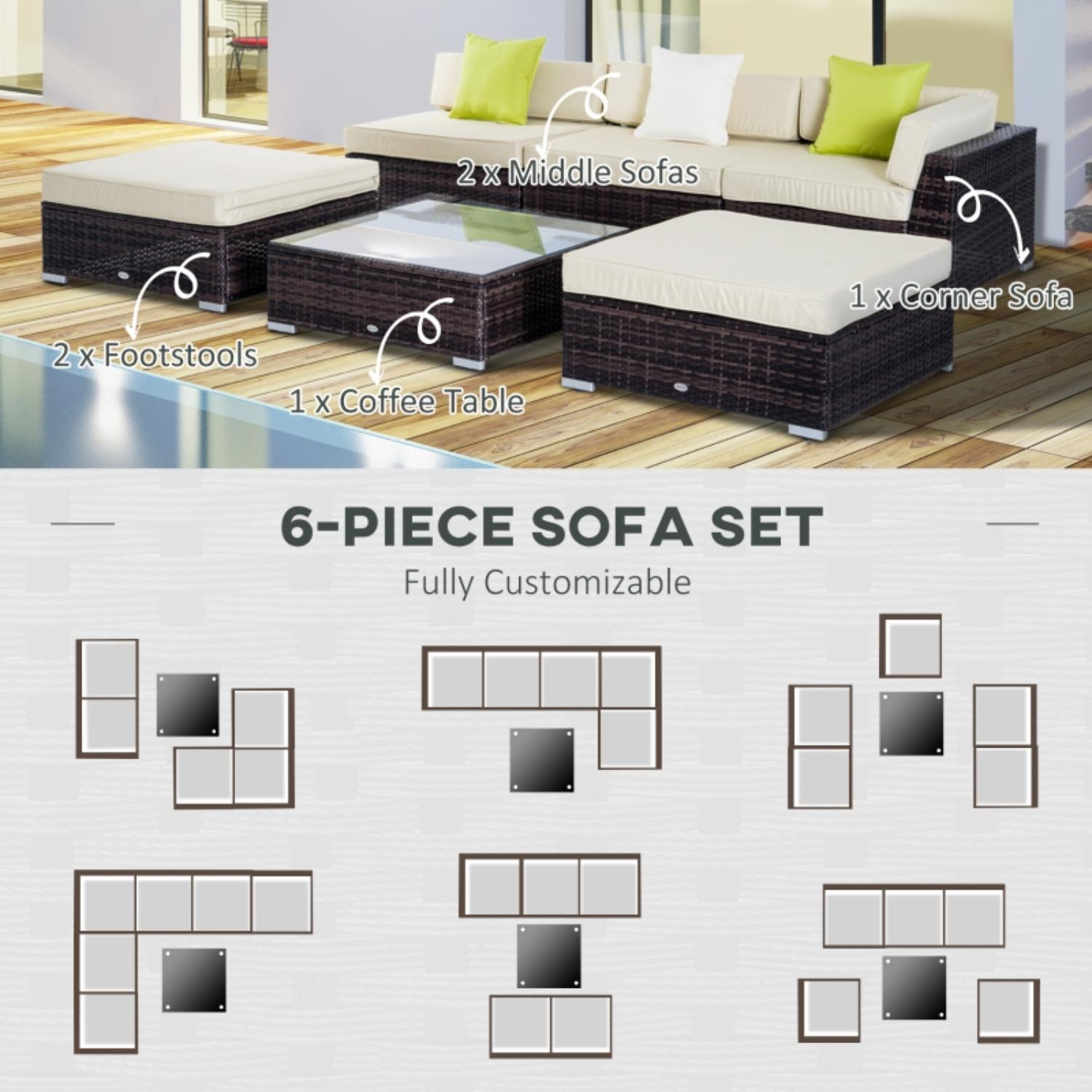 6-piece outdoor sofa set with customizable layout options on a white background.