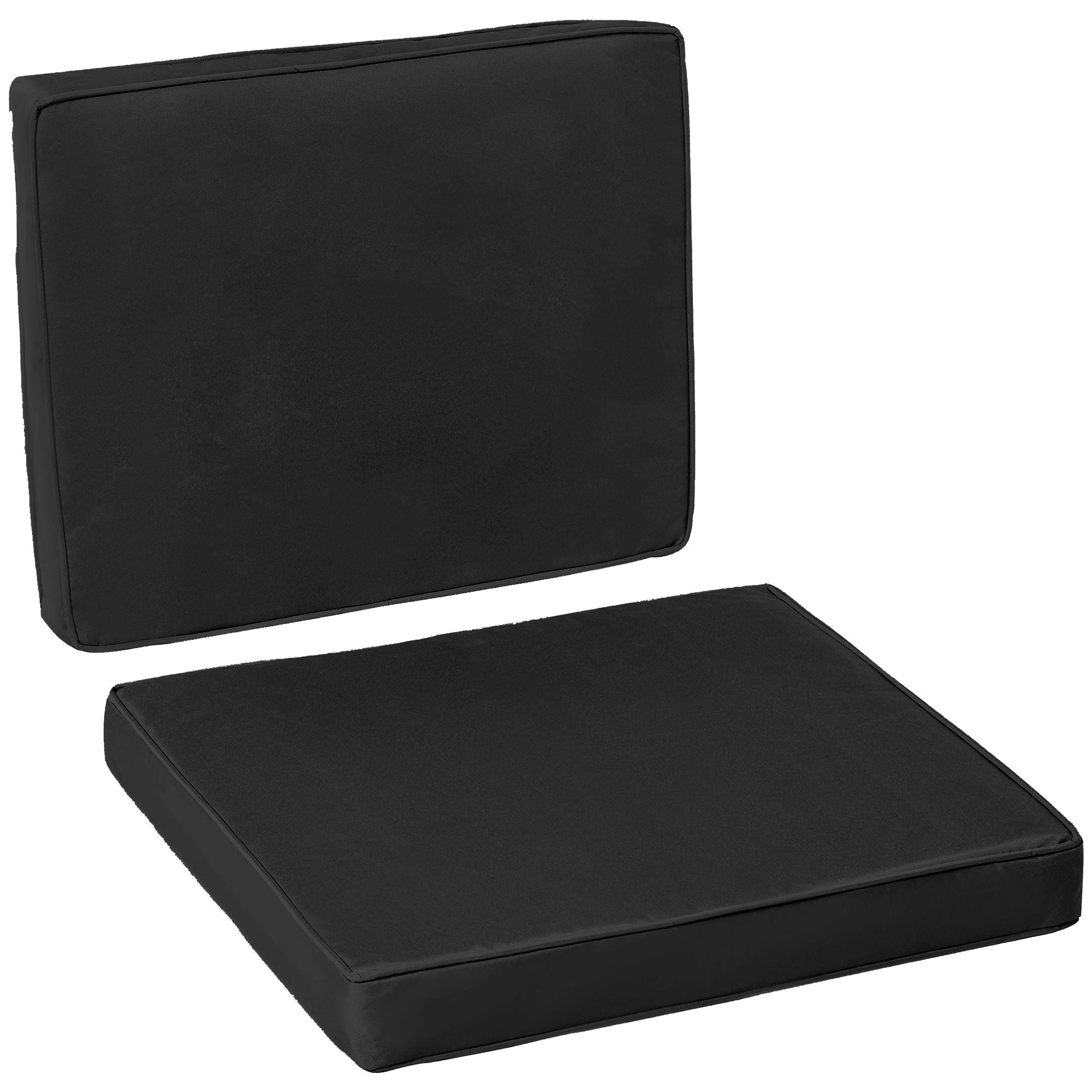 Two black seat cushions on a white background