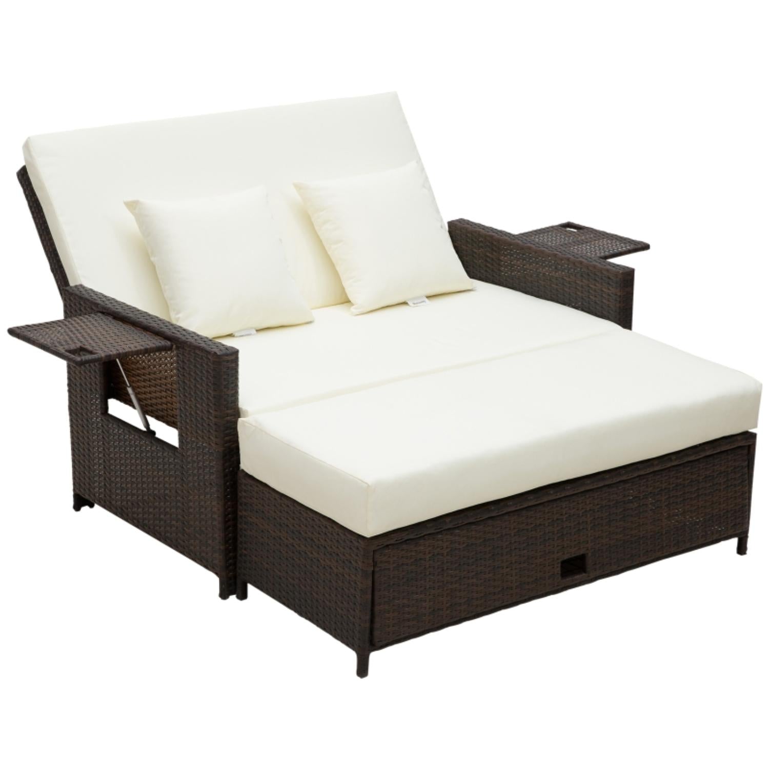 Brown wicker outdoor lounge chair with white cushions on a white background