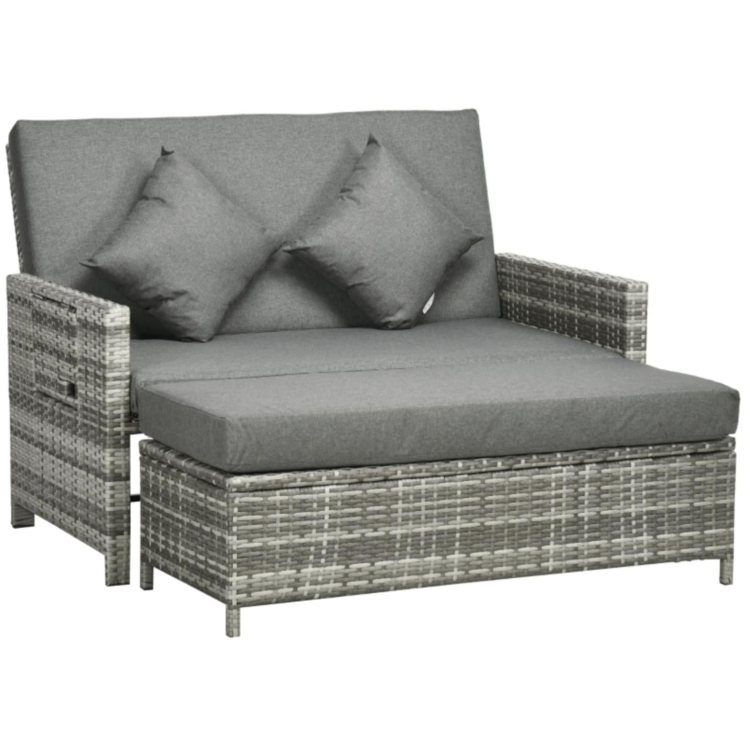 Gray outdoor sofa with cushions on a white background