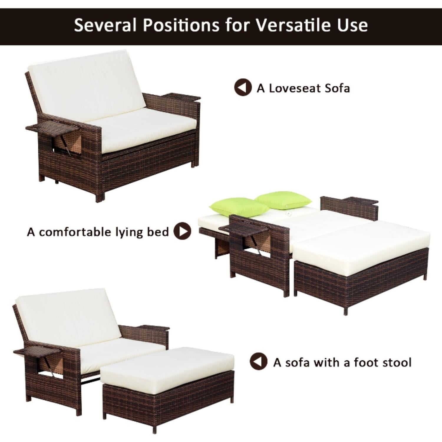 Outdoor furniture set with loveseat, lying bed, and sofa with foot stool, showing versatile use.