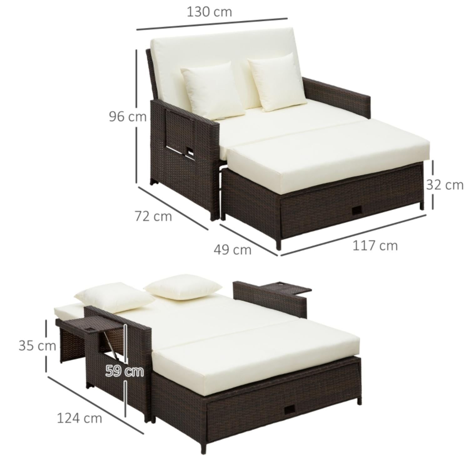 Dimensions of a brown outdoor sofa set with white cushions on a white background