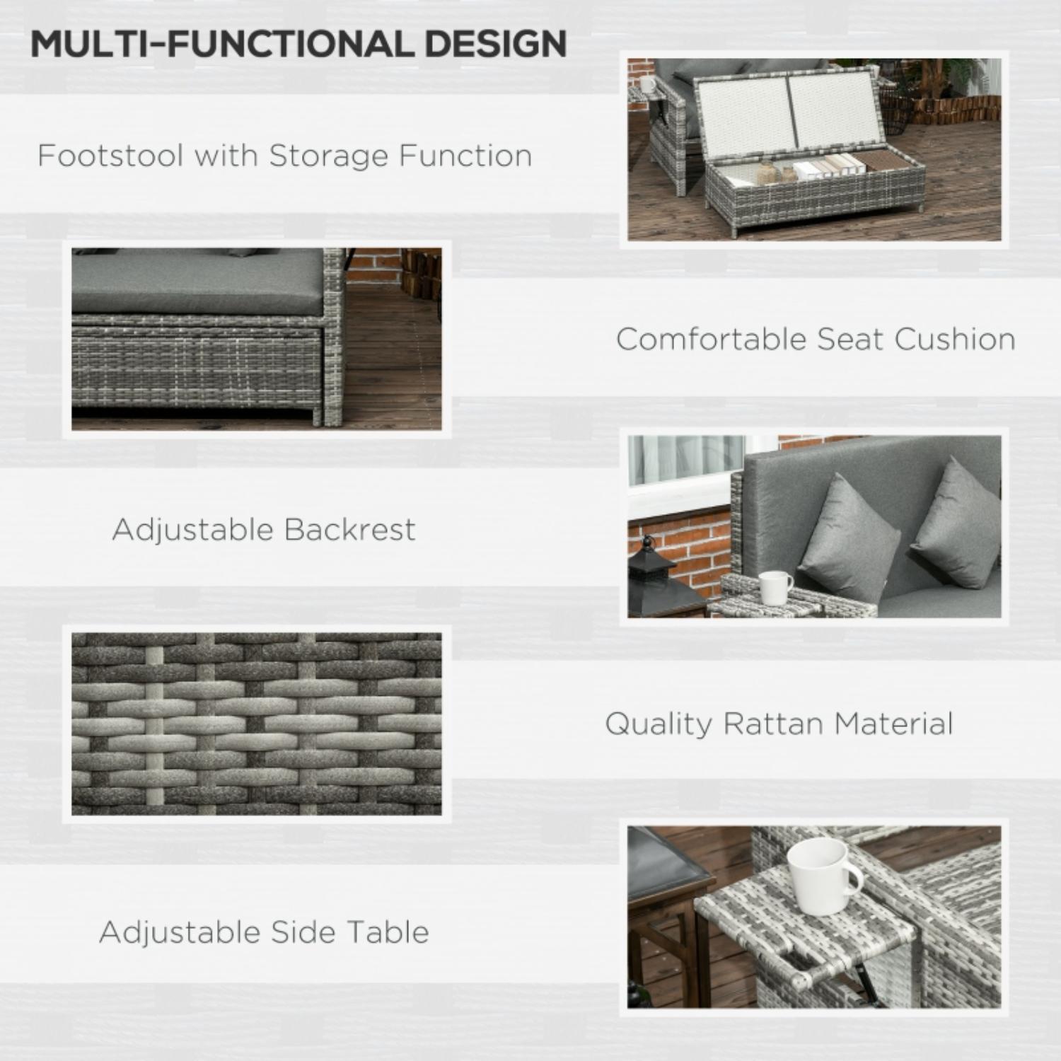 Multifunctional outdoor furniture with storage, seat cushion, adjustable backrest, and side table on a white background.