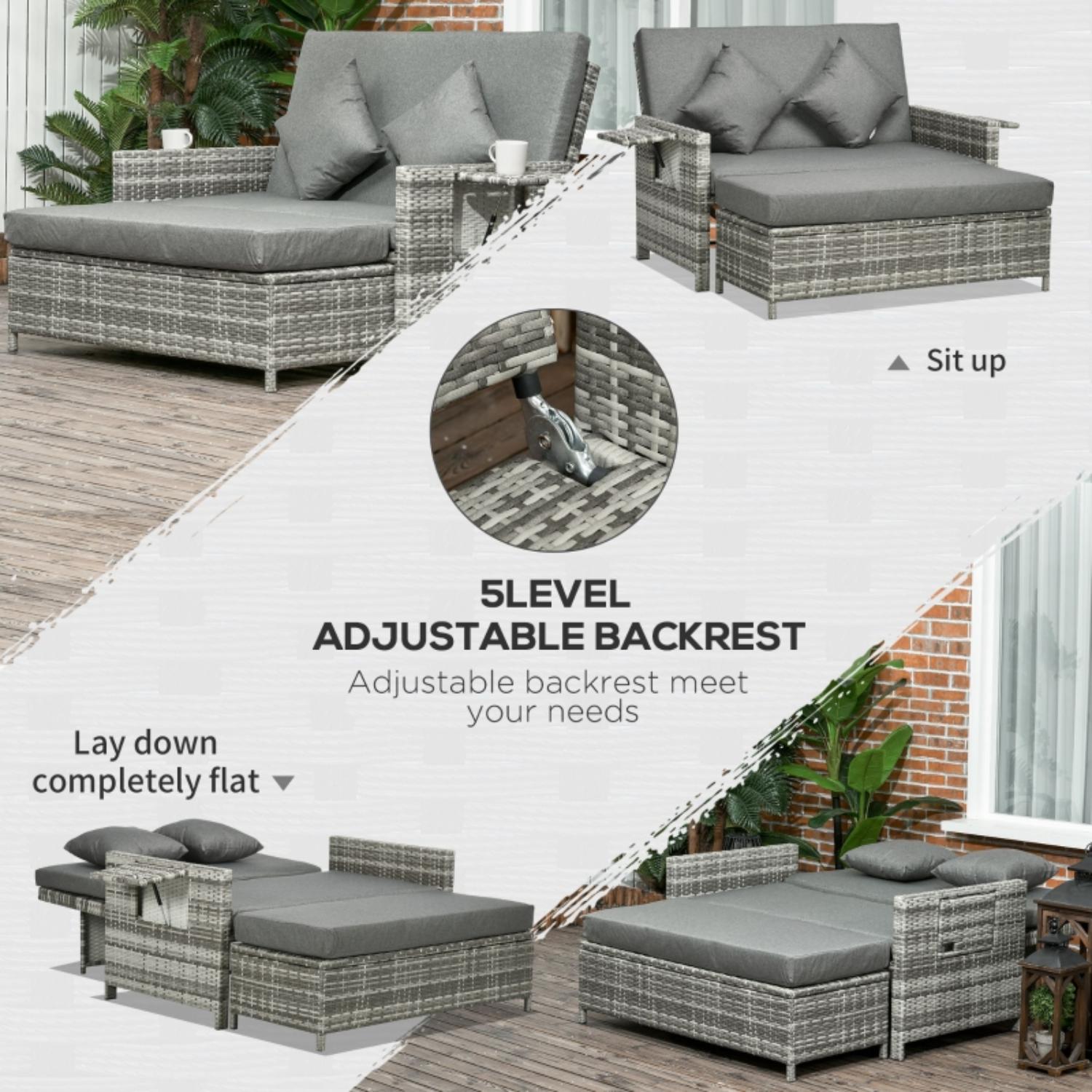 Outdoor patio furniture set with adjustable backrest on a wooden deck.