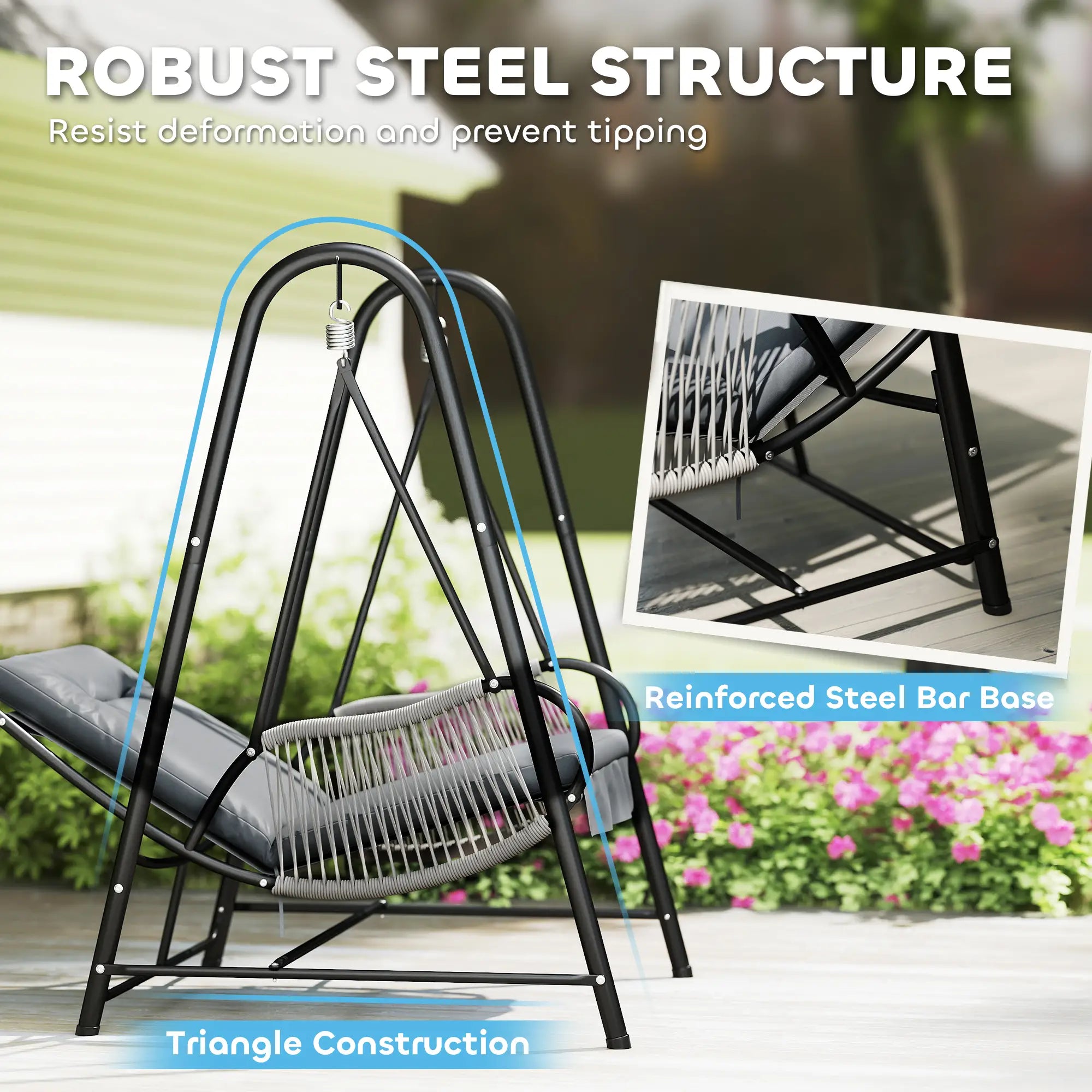 Outdoor swing chair with robust steel structure, reinforced steel bar base, and triangle construction.