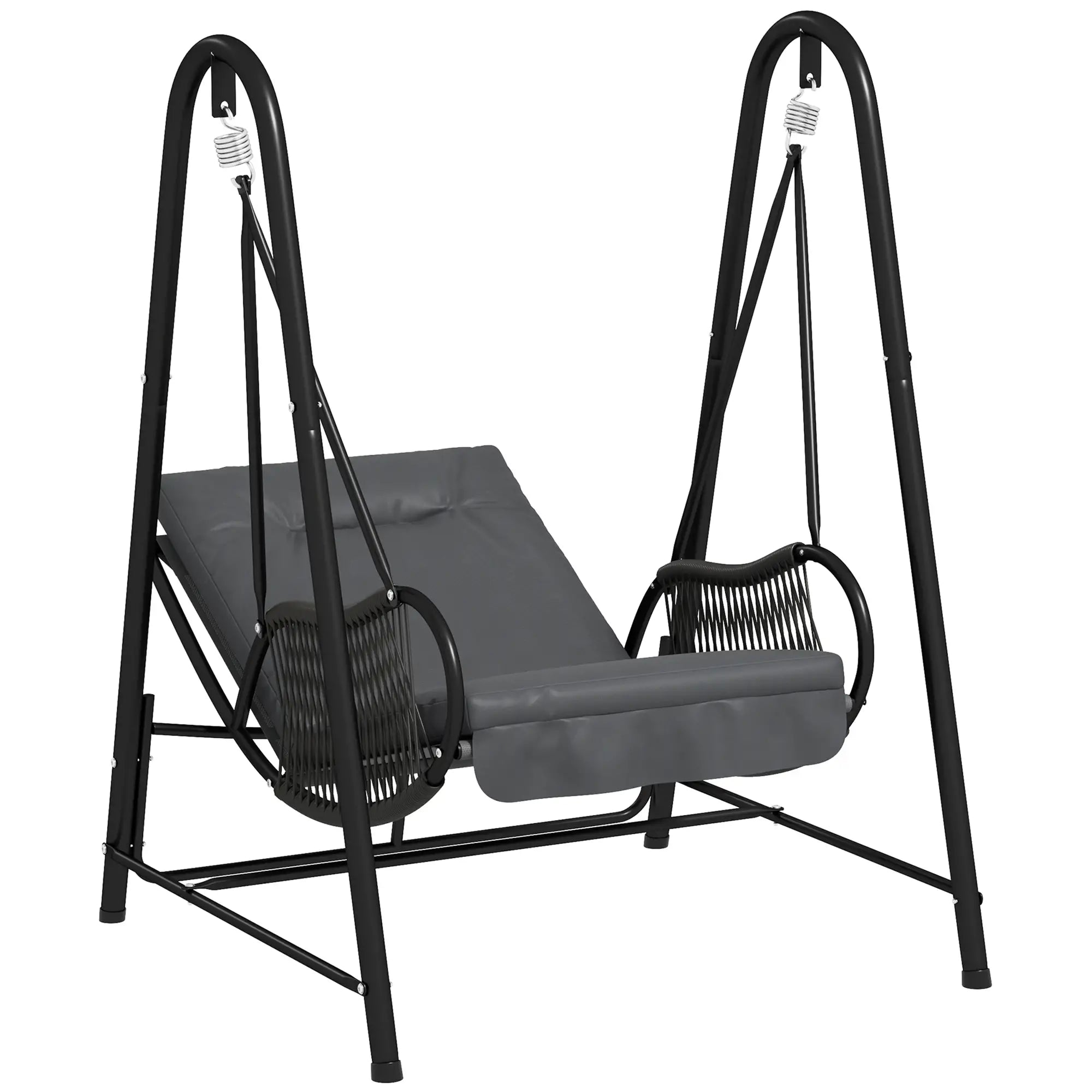 Gray swing chair with black metal frame on a white background