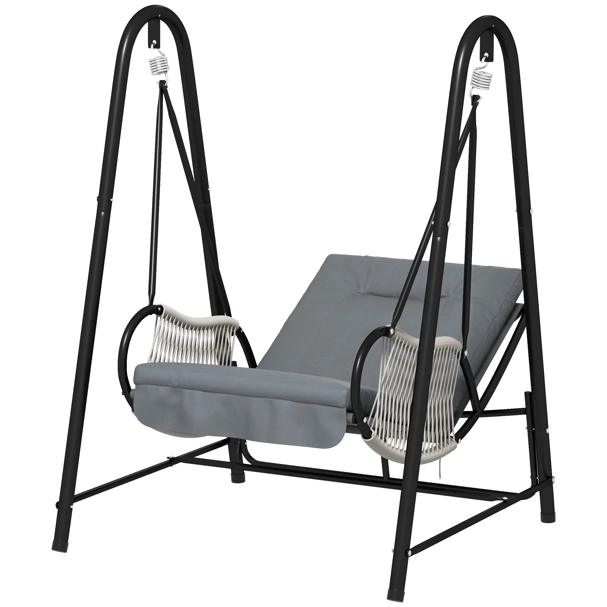 Gray swing chair with black metal frame on a white background