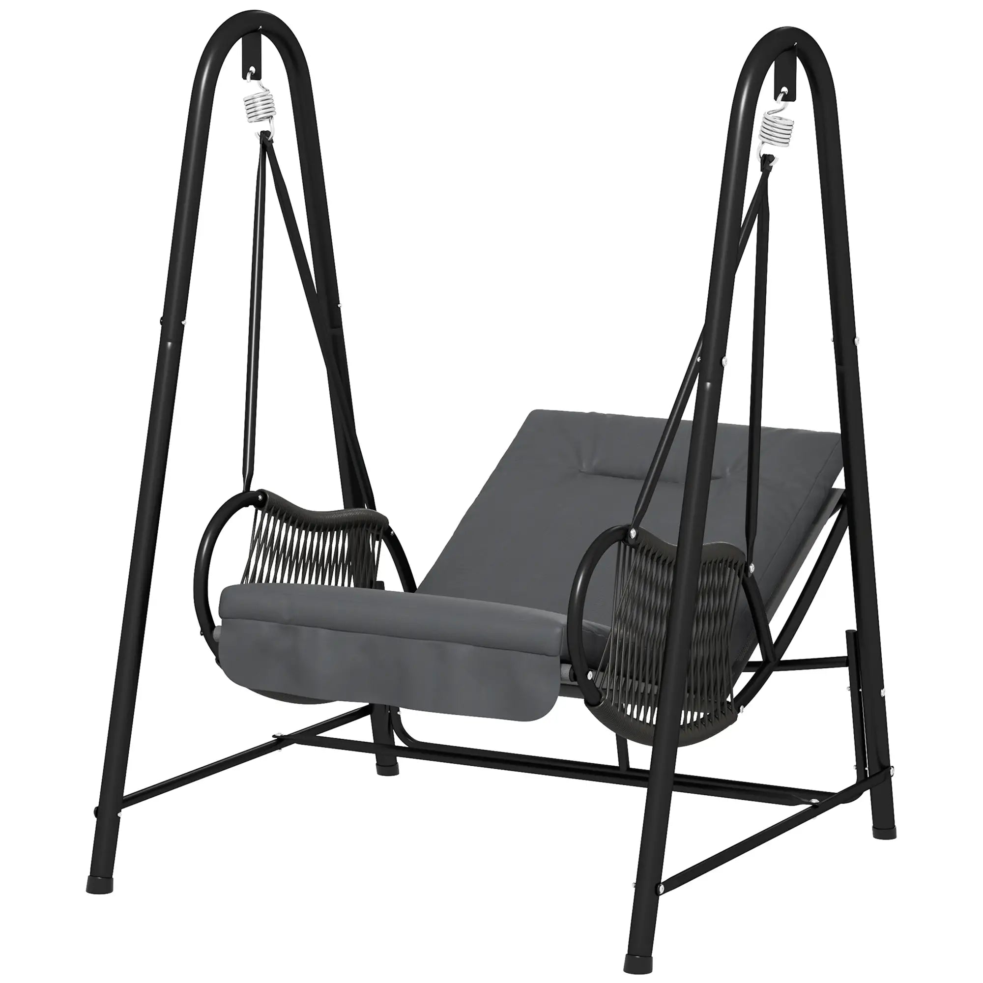 Gray swing chair with black metal frame on a white background