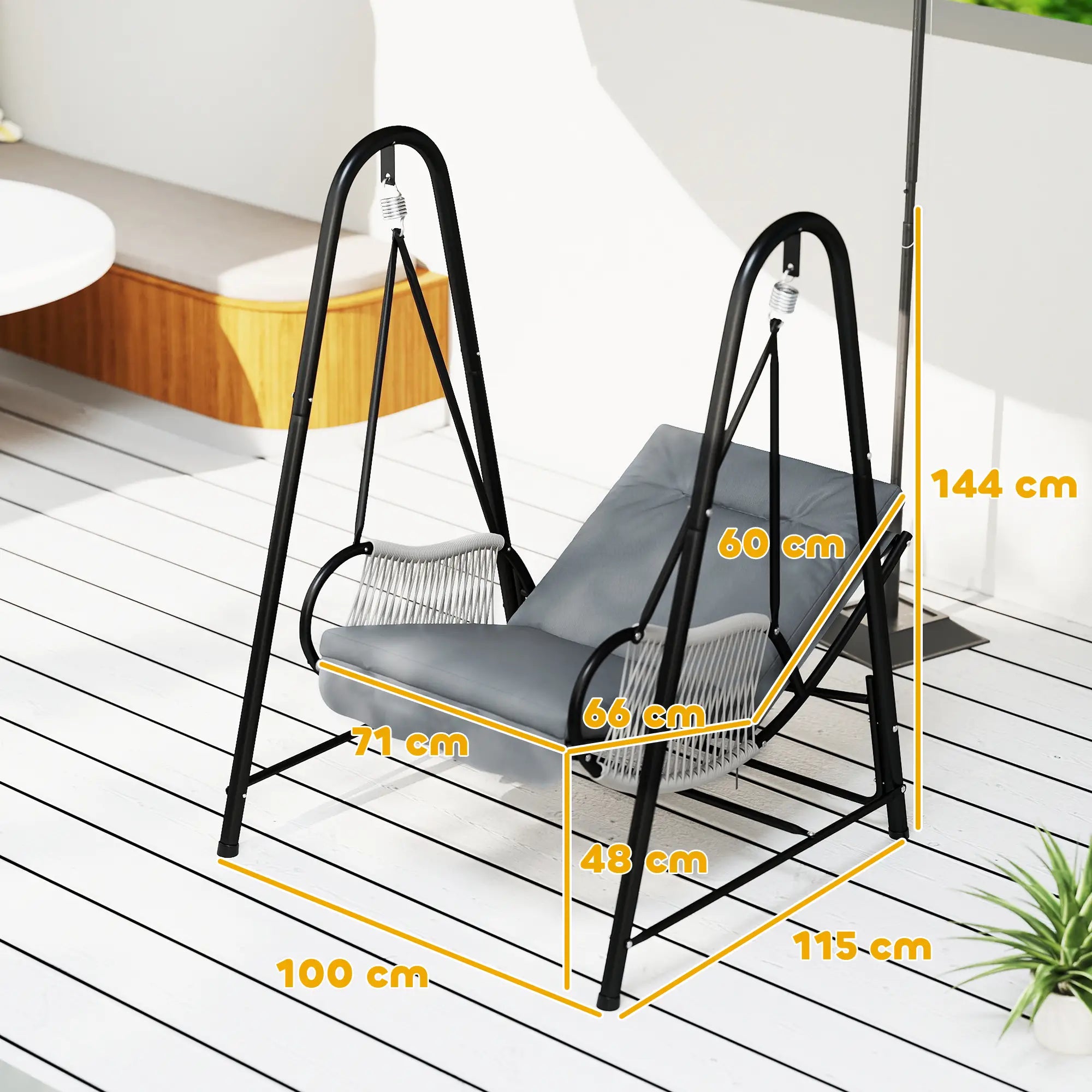 Gray swing chair with black metal frame on a wooden deck, showing measurements.