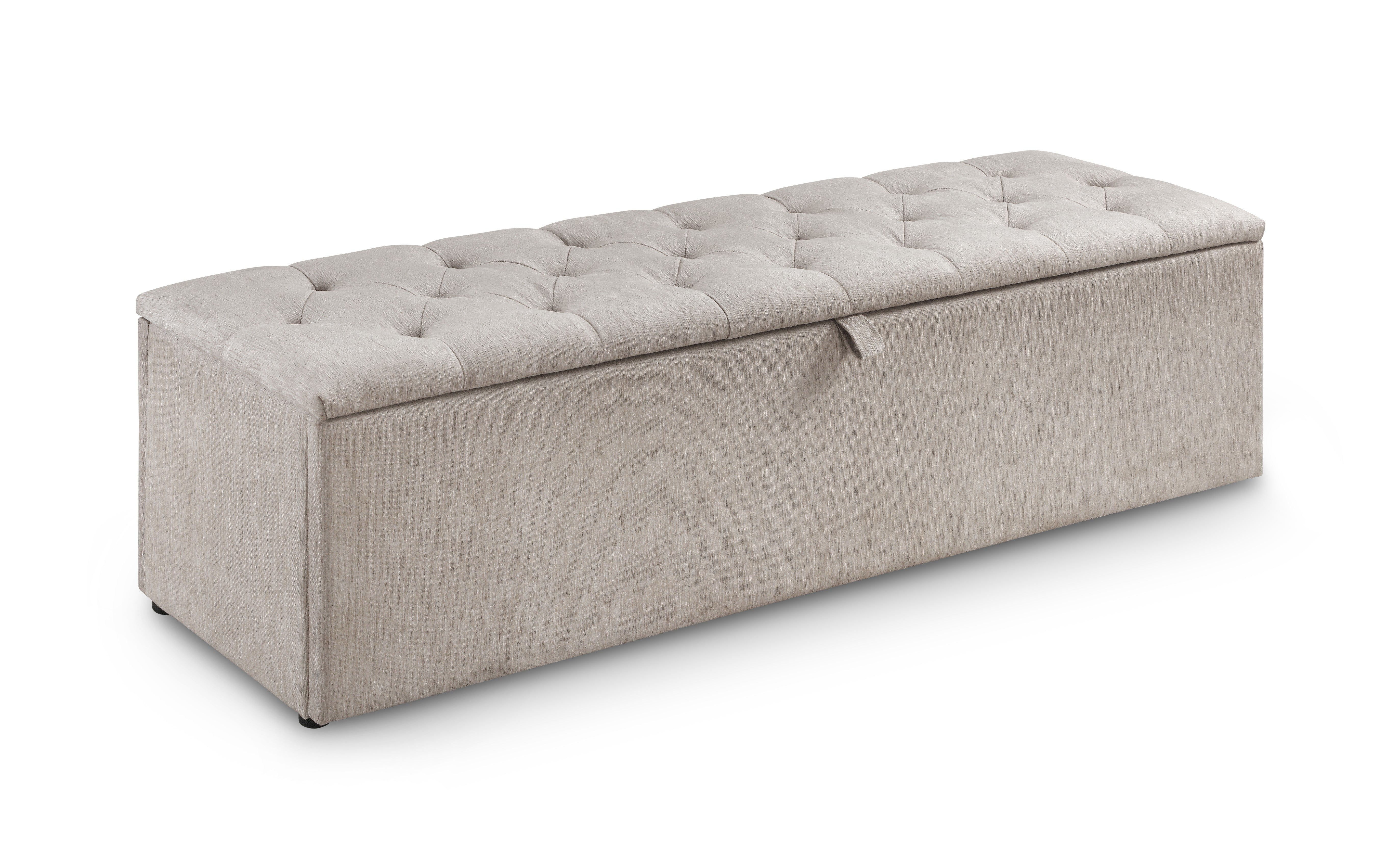 Beige tufted storage bench on a white background