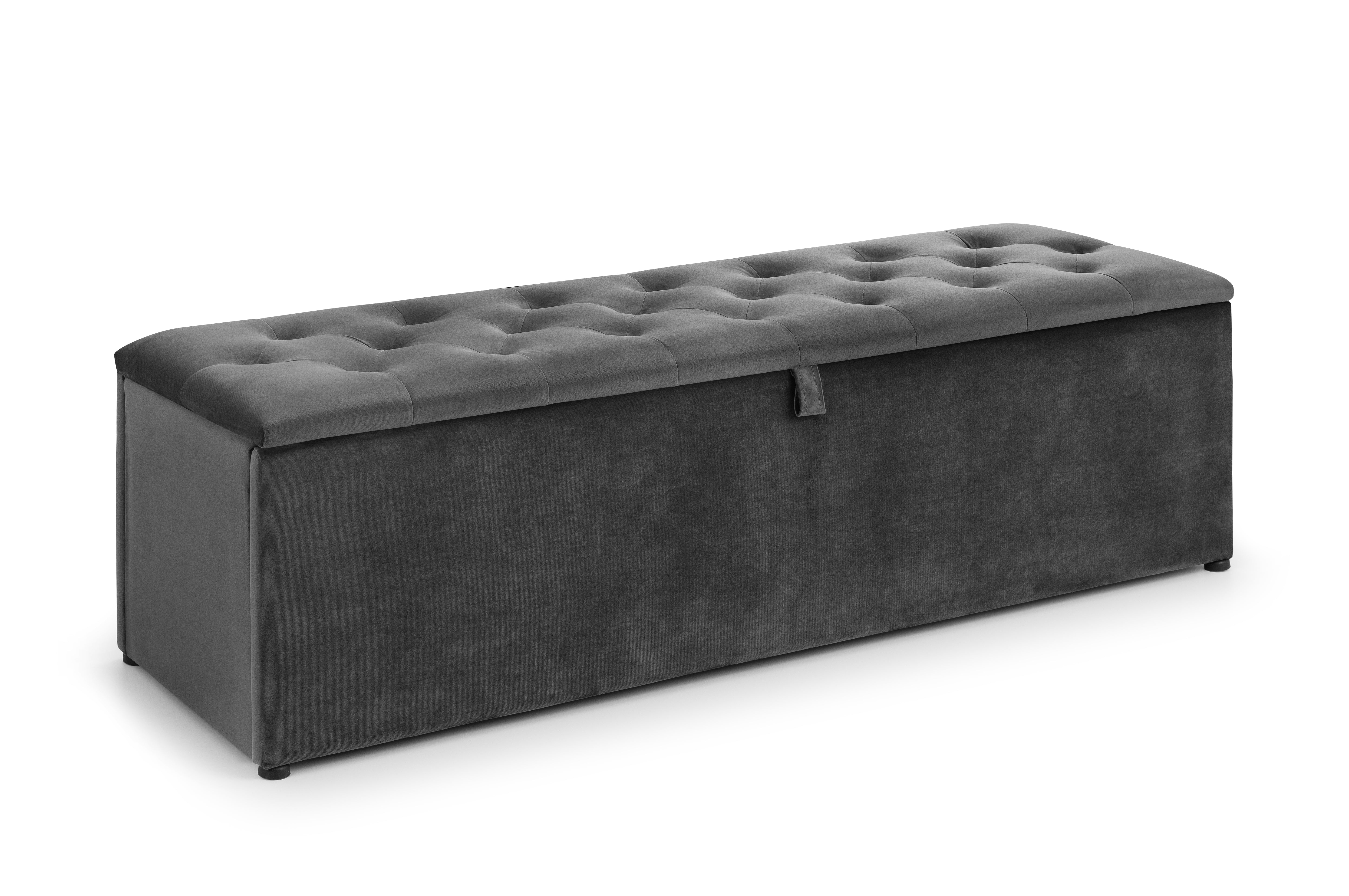 Gray tufted storage bench on a white background