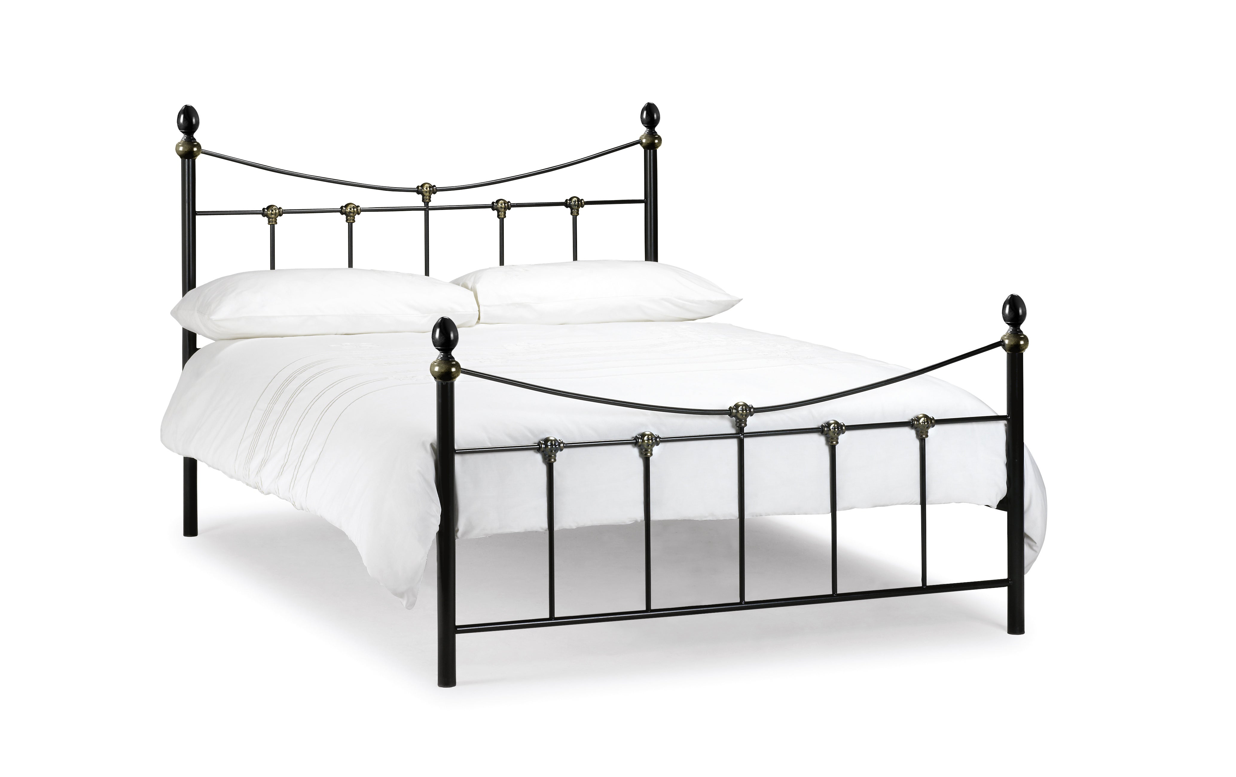 Black metal bed frame with white bedding on a white background