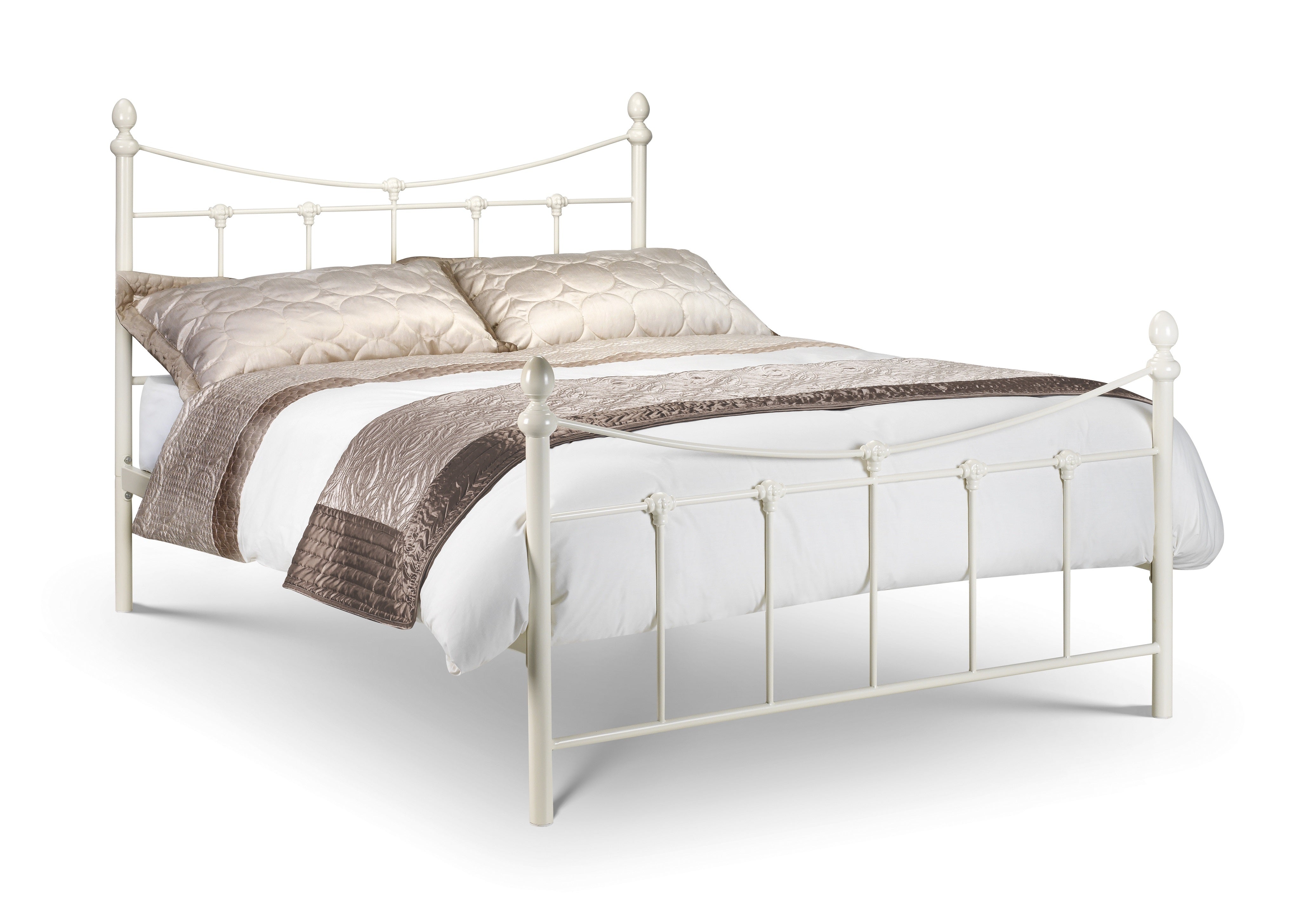 White metal bed frame with bedding on a white background
