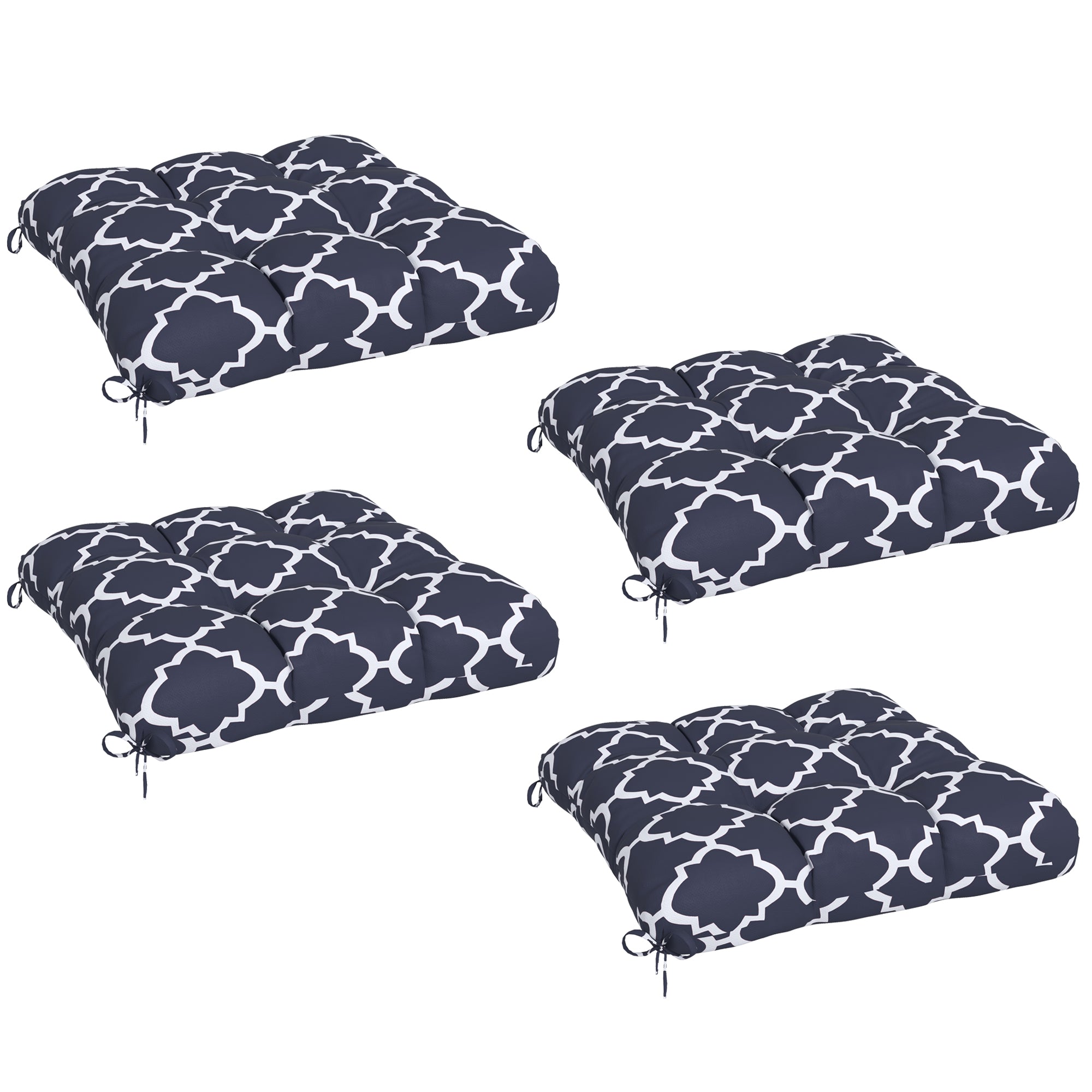 Four navy blue cushion covers with white geometric pattern on a white background