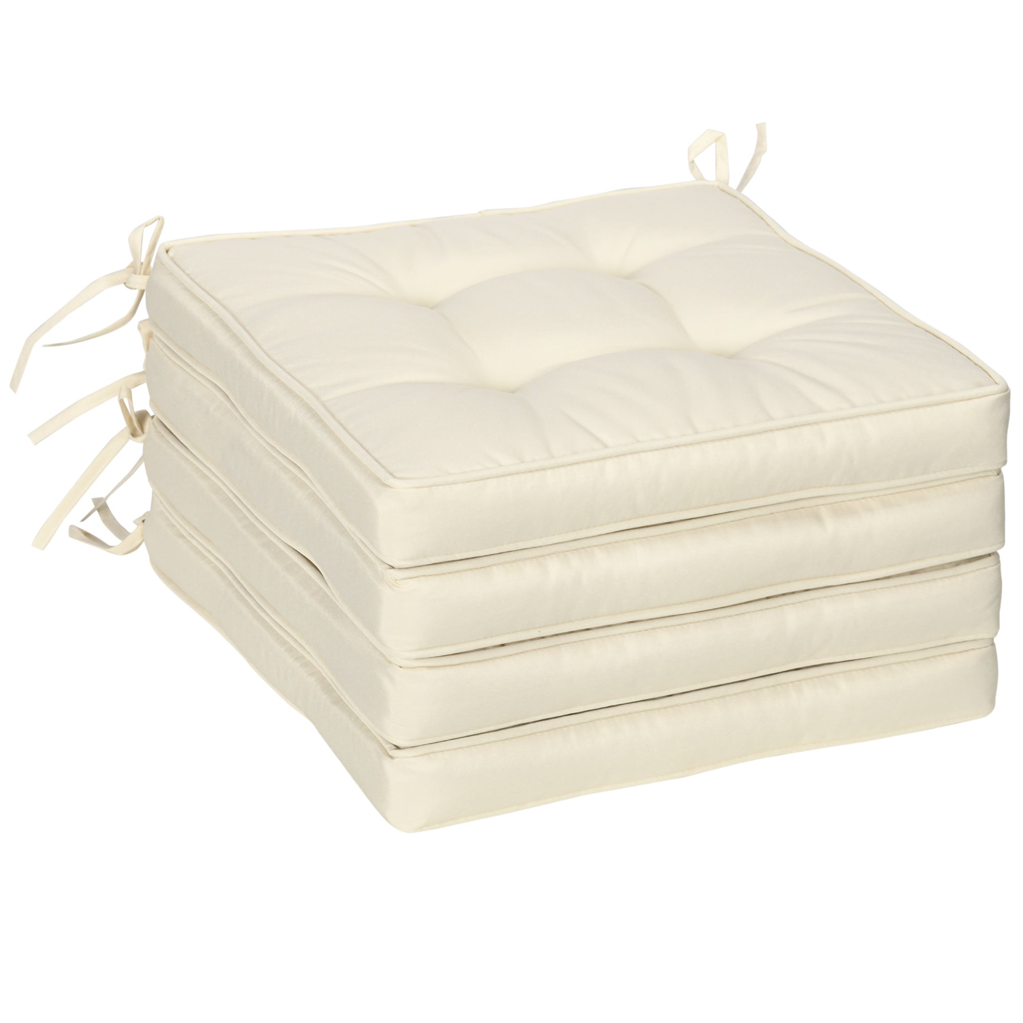 Set of three cream-colored square seat cushions on a white background