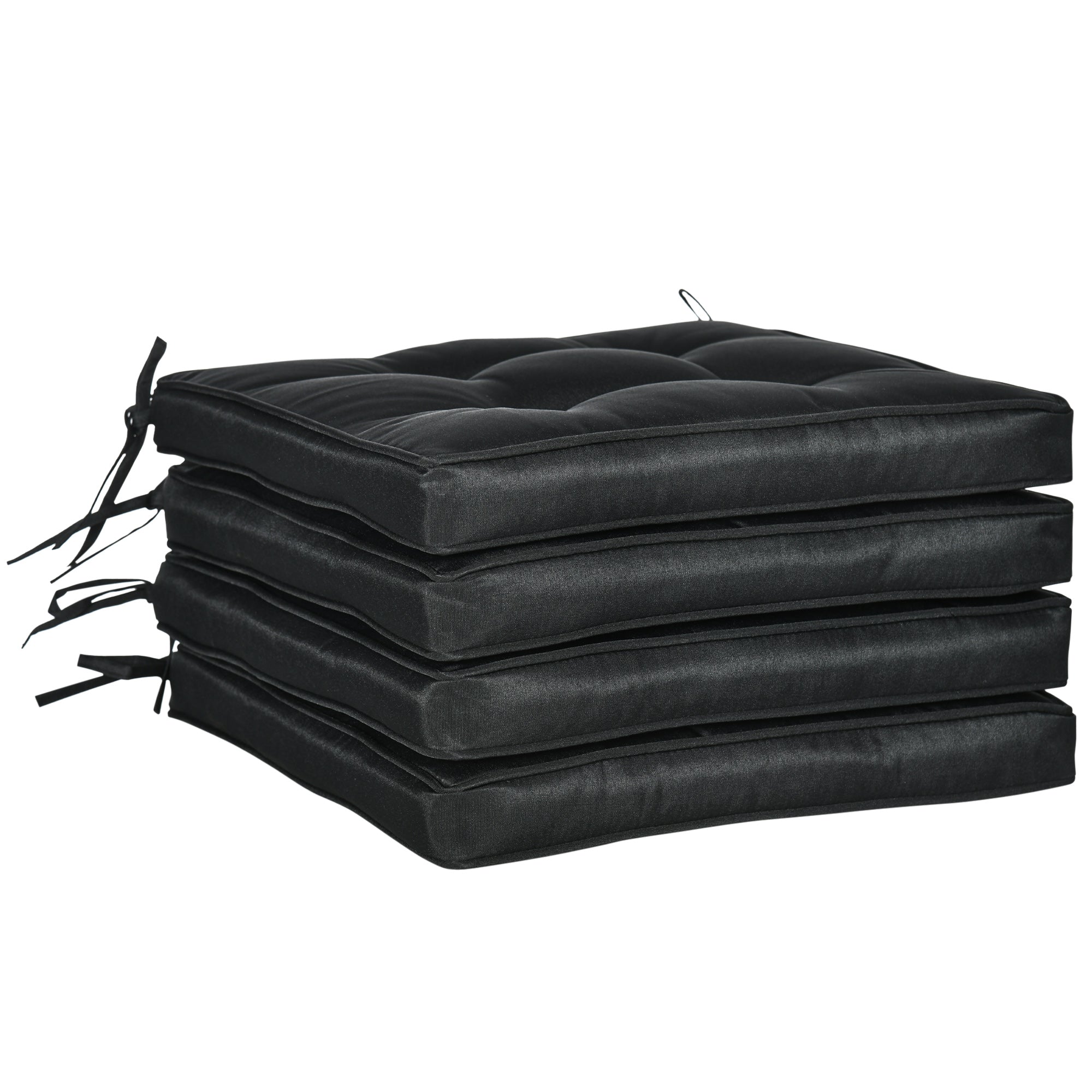 Stack of black cushioned seat pads on a white background