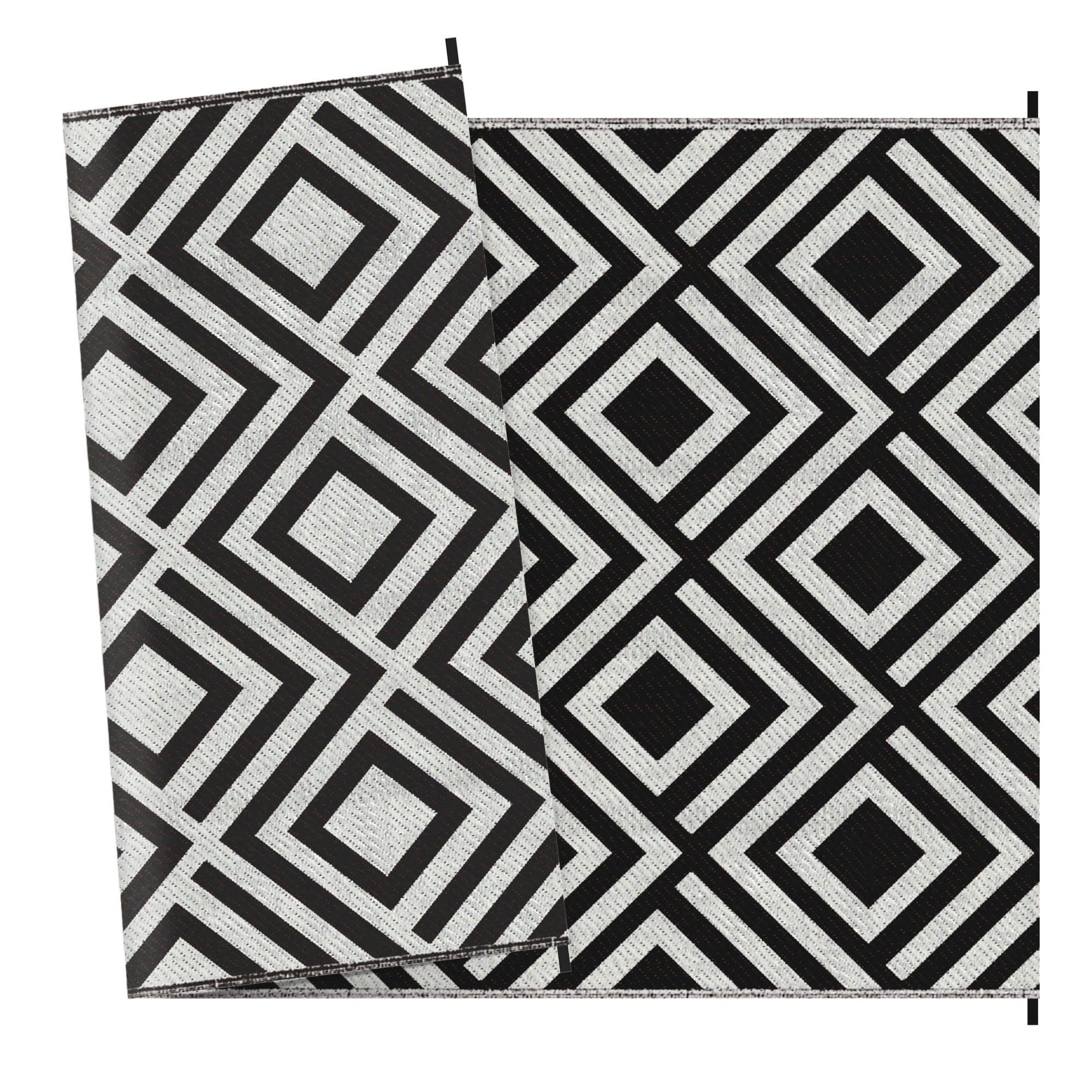 Two black and white geometric patterned rugs on a plain background